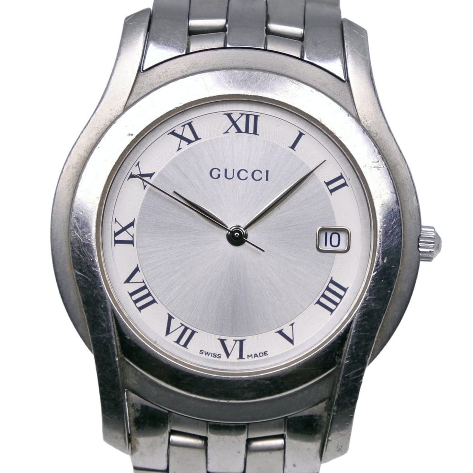 Gucci Wristwatch: Gucci Wristwatch Stainless steel case and band, silver dial, and quartz movement make up the sleek design of this Gucci wristwatch. Measuring 35mm in diameter, it's a stylish accessory that fits