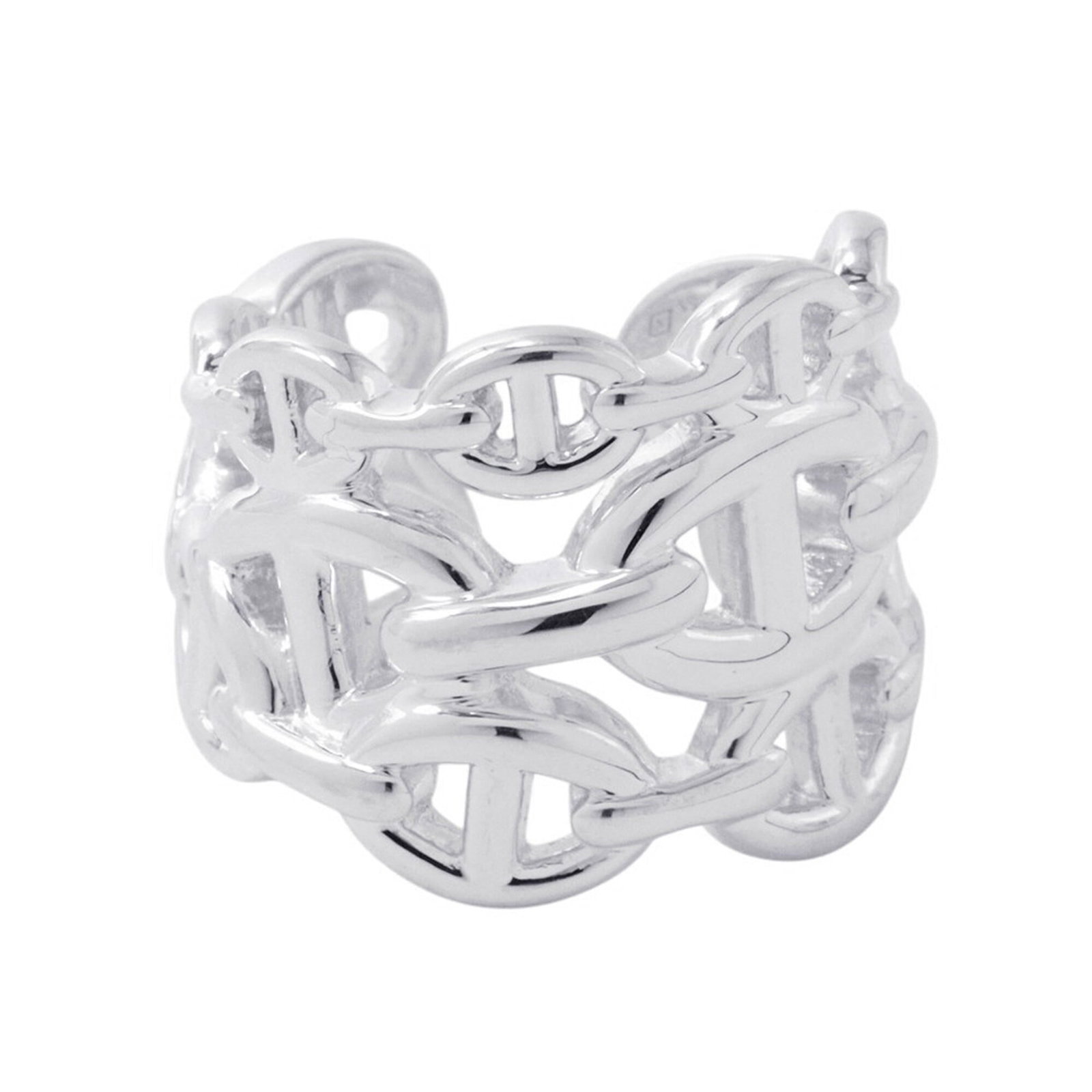 Silver Ring Band Hermes 925: Silver Ring Band Hermes 925 Silver Ring Band Hermes 925 features a sleek and sophisticated design, crafted from high-quality silver 925. This elegant band measures 18.6mm in width and weighs 12.4g,