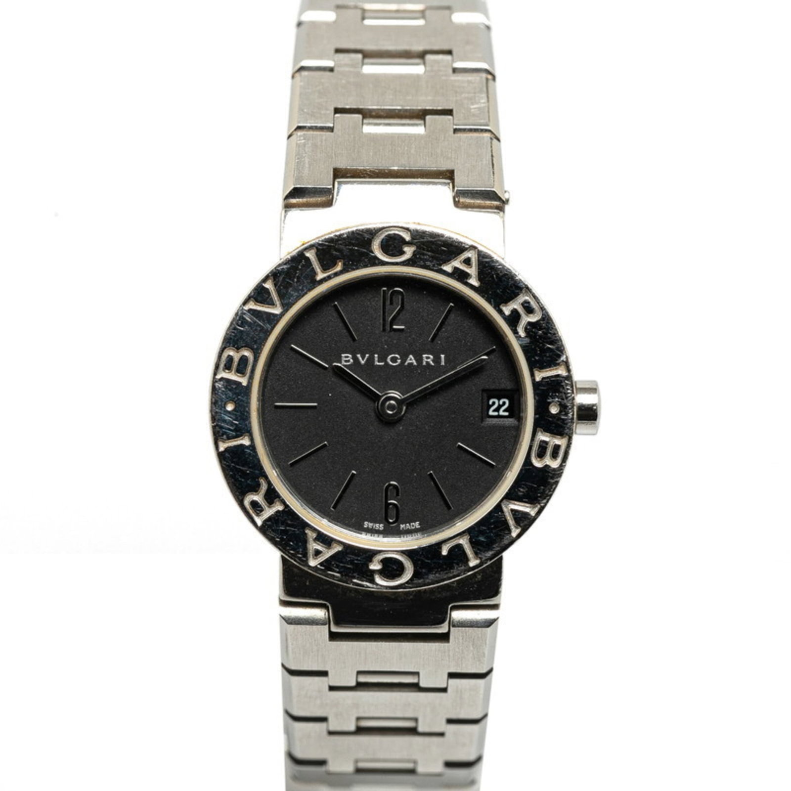 Bvlgari Wristwatch: Bvlgari Wristwatch Stainless steel case and band provide a sleek, modern look for the Bvlgari wristwatch. The black dial stands out against its simple, understated design. With a quartz movement and