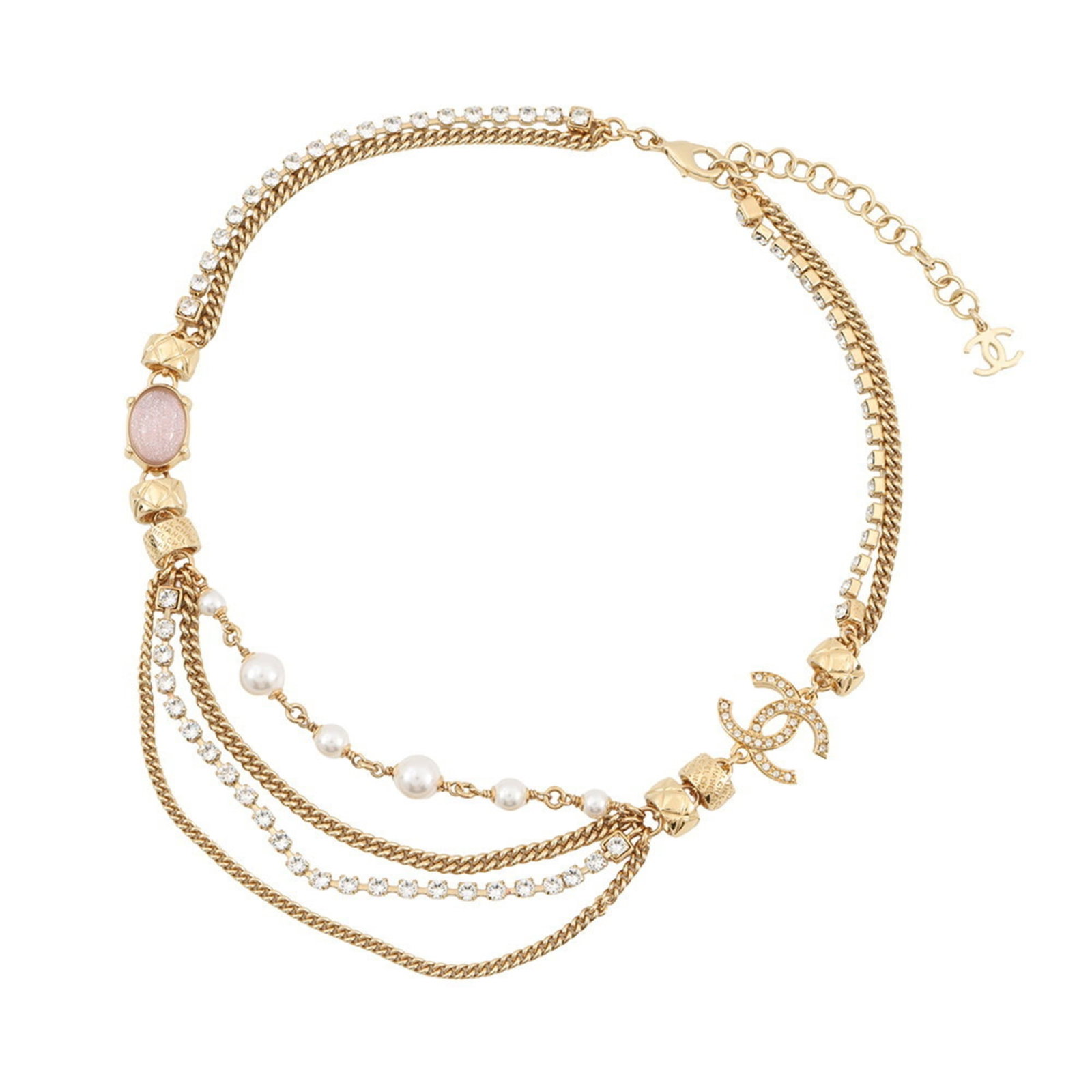 Coco Crushed Chanel Pearl Faux Stone Rhinestone Mark C24P: Coco Crushed Chanel Pearl Faux Stone Rhinestone Mark C24P Gold plating, featuring an artificial pearl and rhinestone, marks this Coco Crushed Chanel-inspired necklace. The gold plating gives it a