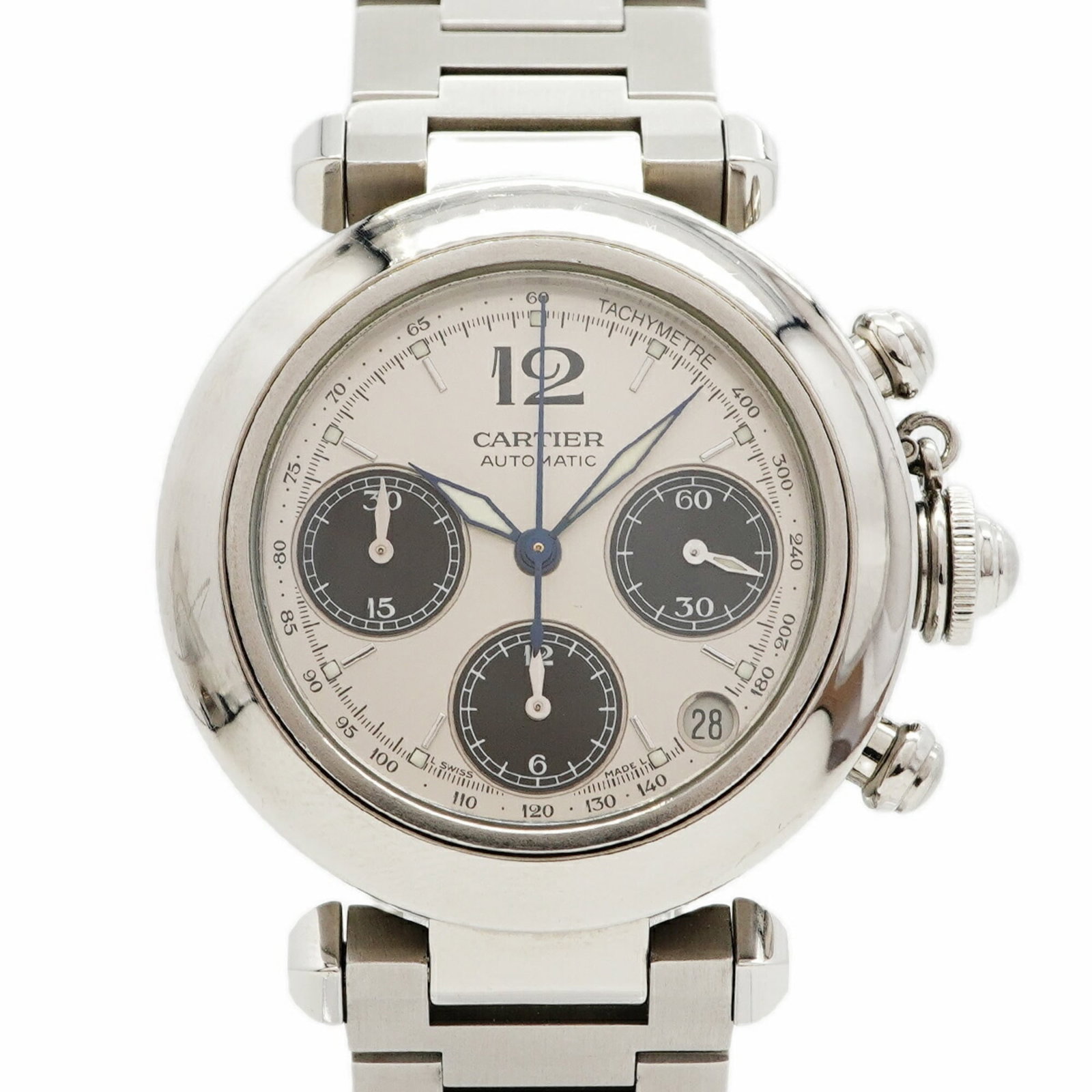 Wristwatch By Cartier: Wristwatch By Cartier Stainless steel band and silver dial make for a sleek, modern look. This self-winding automatic wristwatch from Cartier features a 36.2mm case diameter and adjustable size to