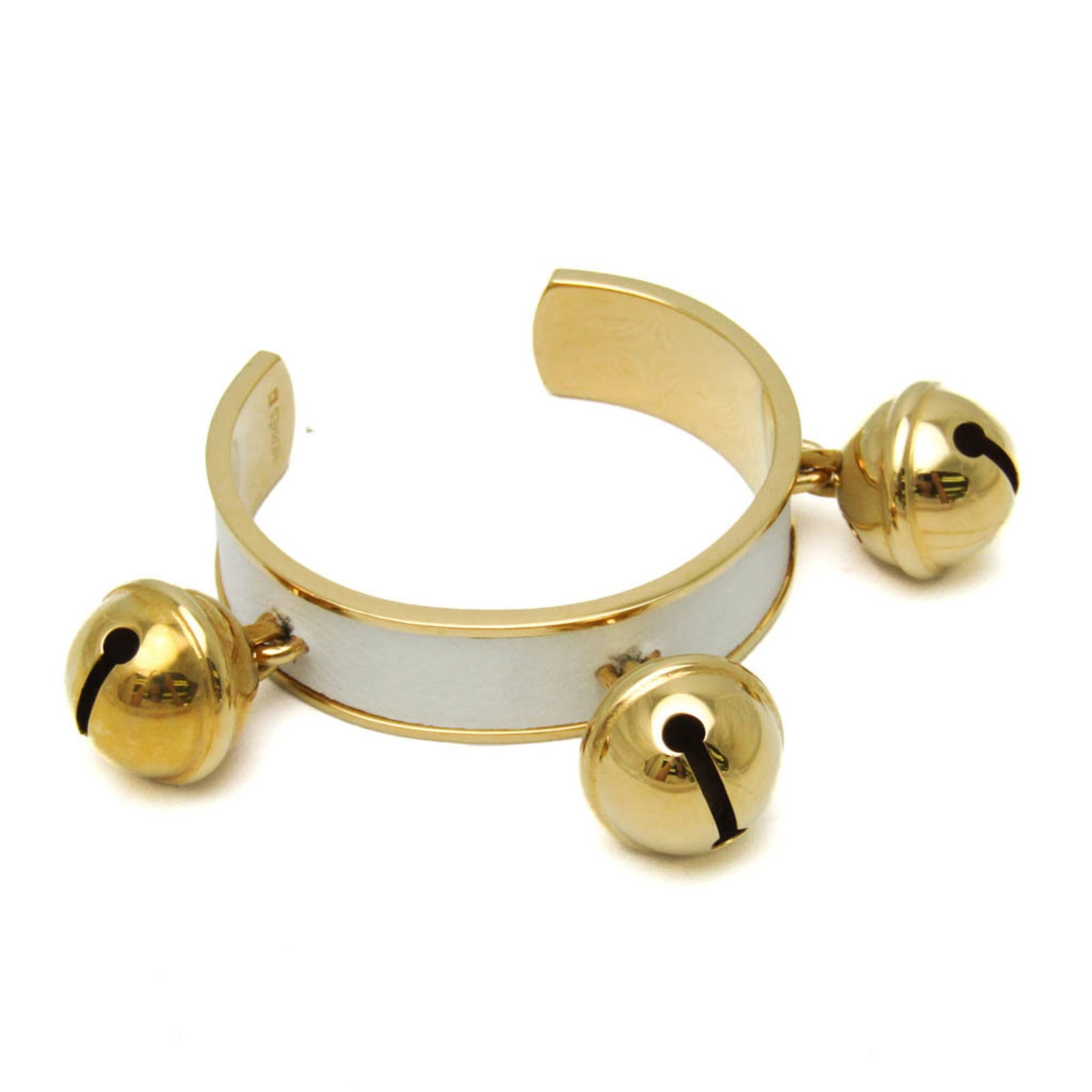 Leather metal bangle hermes: Leather metal bangle hermes Leather and metal come together in a stylish bell bangle from Hermes, crafted with gold accents and a sleek white finish. This casual, everyday accessory measures 15cm in l