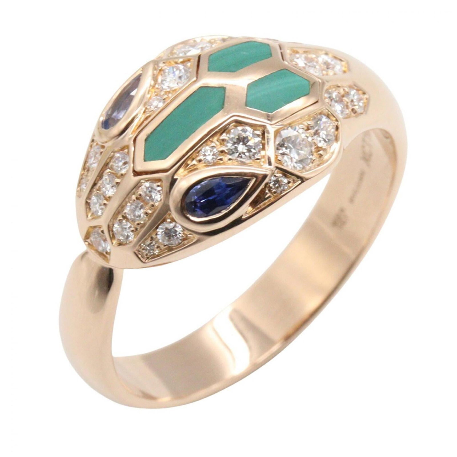 Bvlgari Band Ring Pink Gold (18K): Bvlgari Band Ring Pink Gold (18K) Pink gold (18K) band ring from Bvlgari, featuring a combination of diamond, malachite, and sapphire stones. The ring's US size is 9.5 and JP size is 19, making it