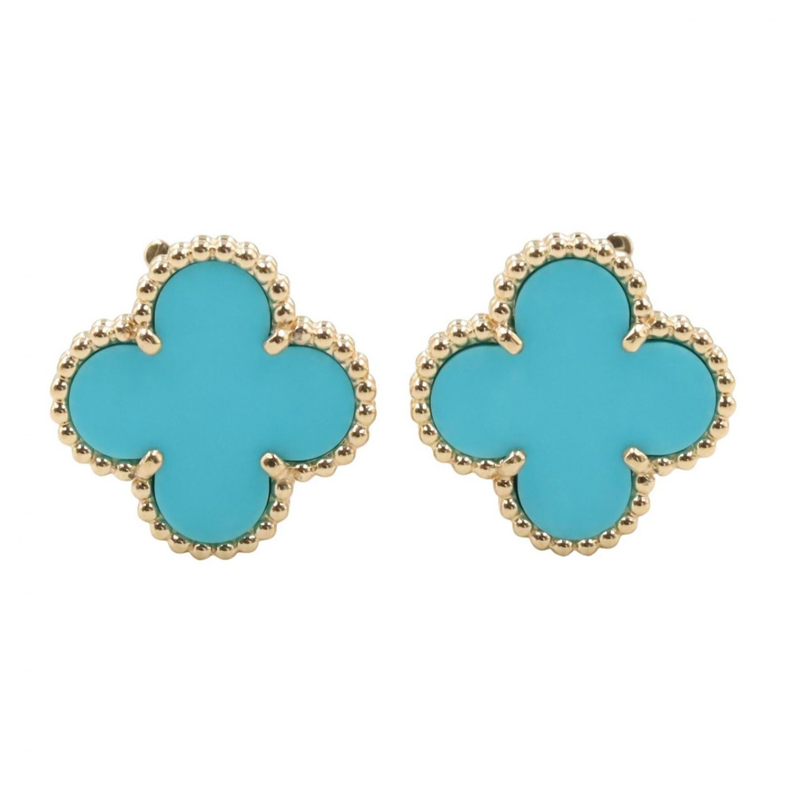 Yellow Gold 18K Van Cleef Arpels Stud Earrings: Yellow Gold 18K Van Cleef Arpels Stud Earrings Yellow gold (18K) stud earrings from Van Cleef & Arpels, featuring a distinctive blue hue and sleek design. The earrings' compact size and precise