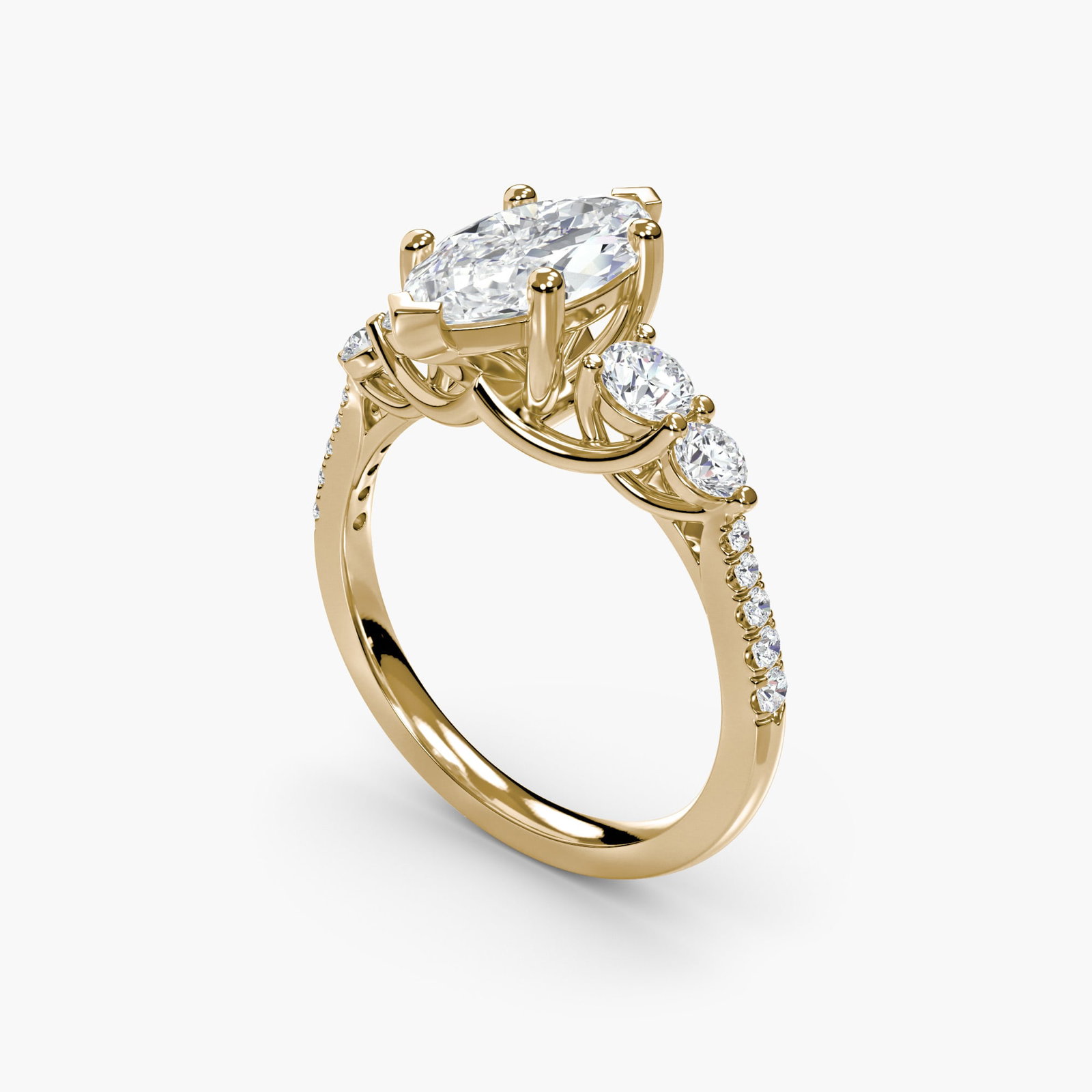 Pave Marquise 18Kt Yellow Gold Ring Setting: Pave Marquise 18Kt Yellow Gold Ring Setting Pave marquise ring setting in 18Kt yellow gold, featuring 14 side stones totaling 0.595 carats. The ring's metal weight is 4.18 grams and has a band width