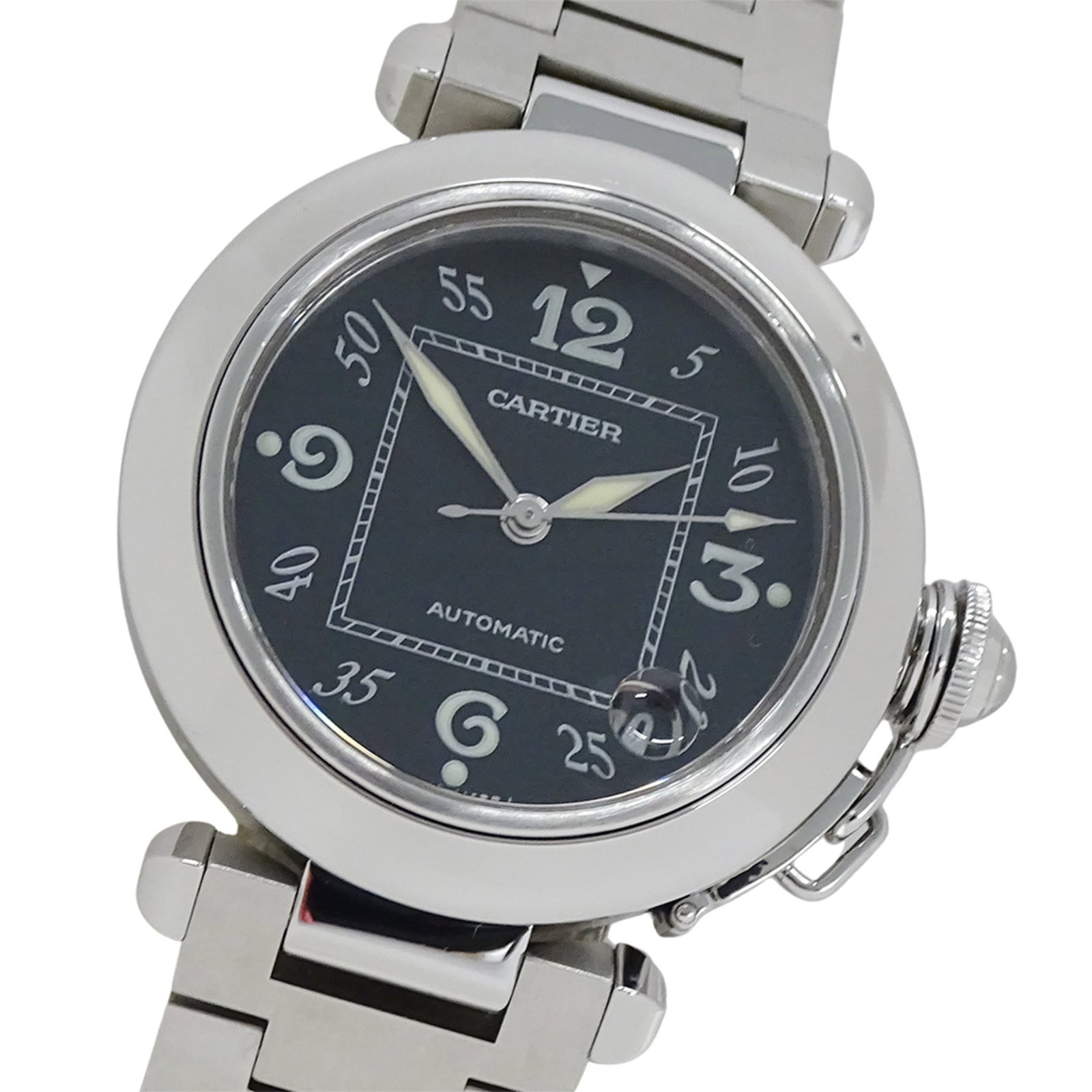 Wristwatch By Cartier: Wristwatch By Cartier Stainless steel case and band, the Cartier wristwatch boasts a sleek black dial. Powered by a self-winding automatic movement, this timepiece measures 35mm in diameter and suits