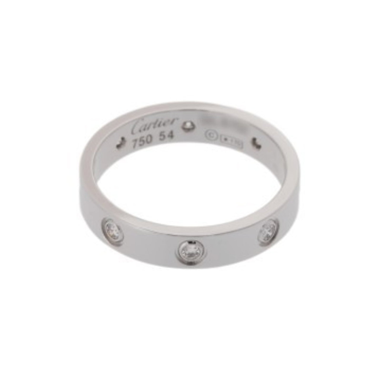 Gold White Ring Cartier Band: Gold White Ring Cartier Band White gold (18K) band from Cartier, featuring a diamond stone and US size 6.5 ring. This band is available in JP size 13.5 for women. The item bears a signature. Item