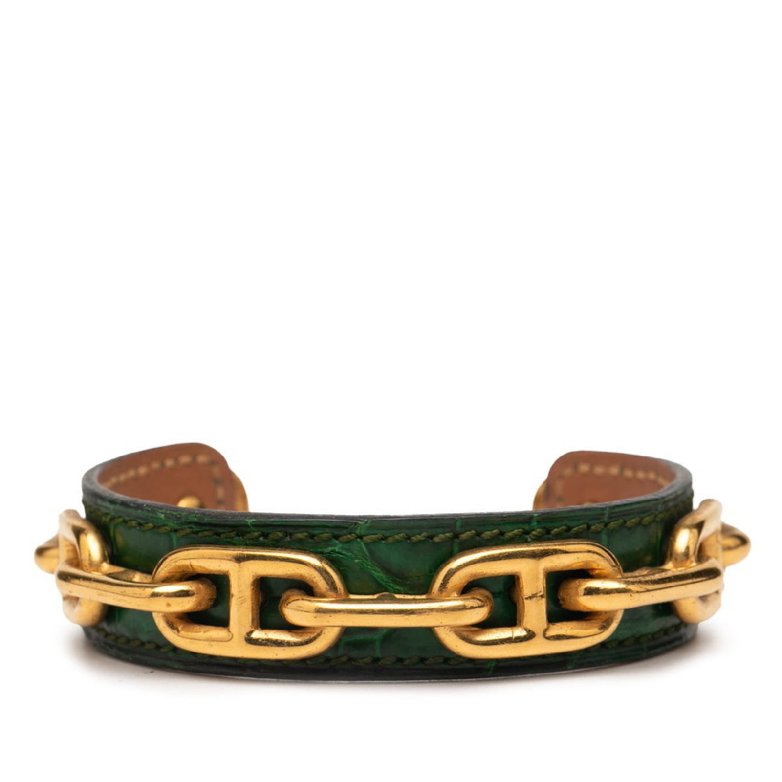 Hermes Bangle Leather: Hermes Bangle Leather Gold and Green Hermes Bangle Leather, measuring 16cm in length, features high-quality leather material. This classic bangle design showcases a timeless combination of gold and
