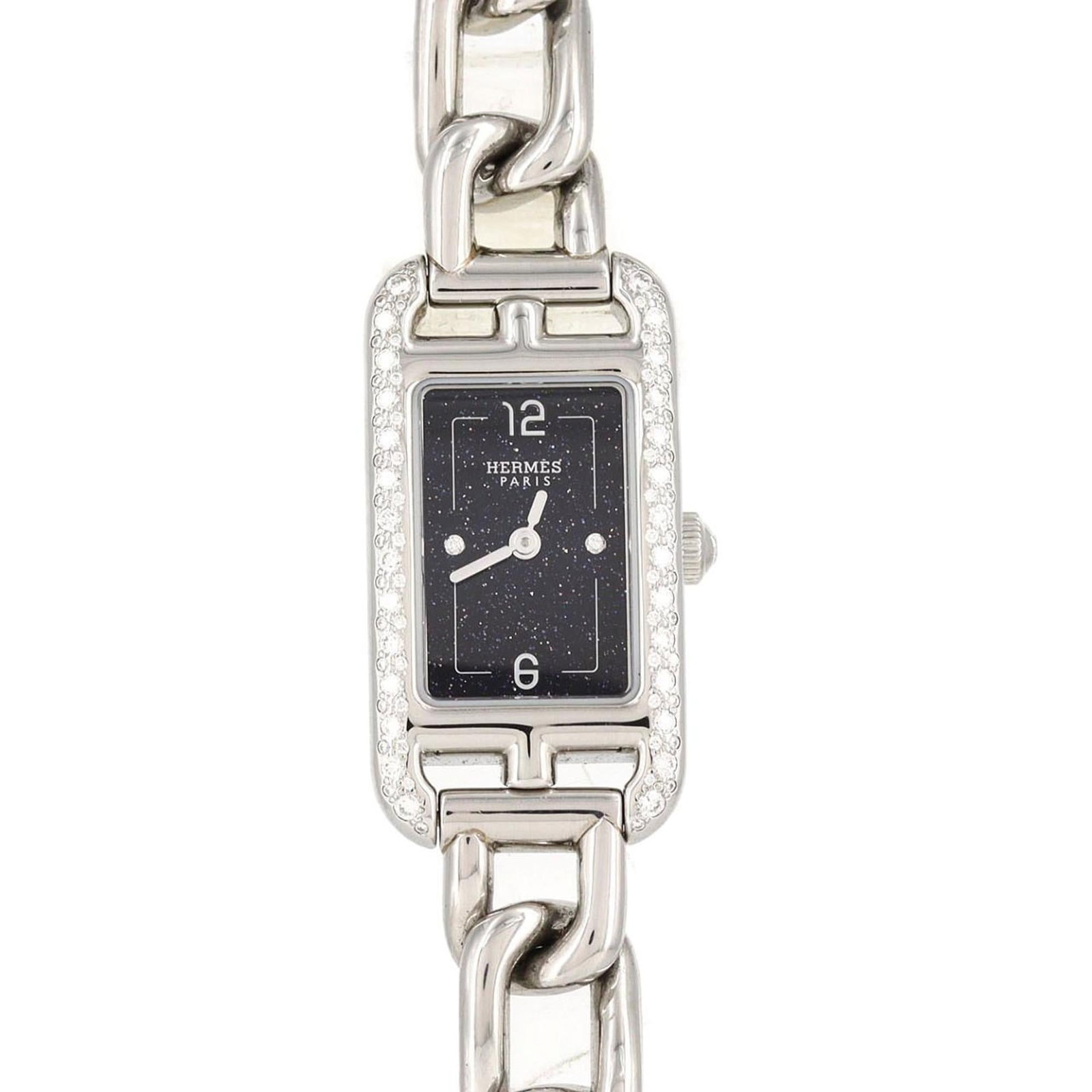 Hermes Wristwatch: Hermes Wristwatch Stainless steel case and band add a sleek touch to this quartz-powered wristwatch, measuring 17mm in diameter. The watch features a classic design that complements the subtle