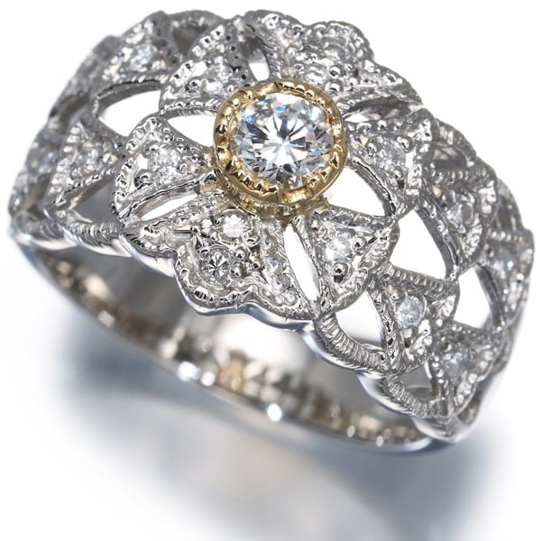 Diamond 0.21Ct/ 0.17Ct Engraved Openwork Ring 18K 750 Yellow Gold/ 900 Platinum (1 of 6)