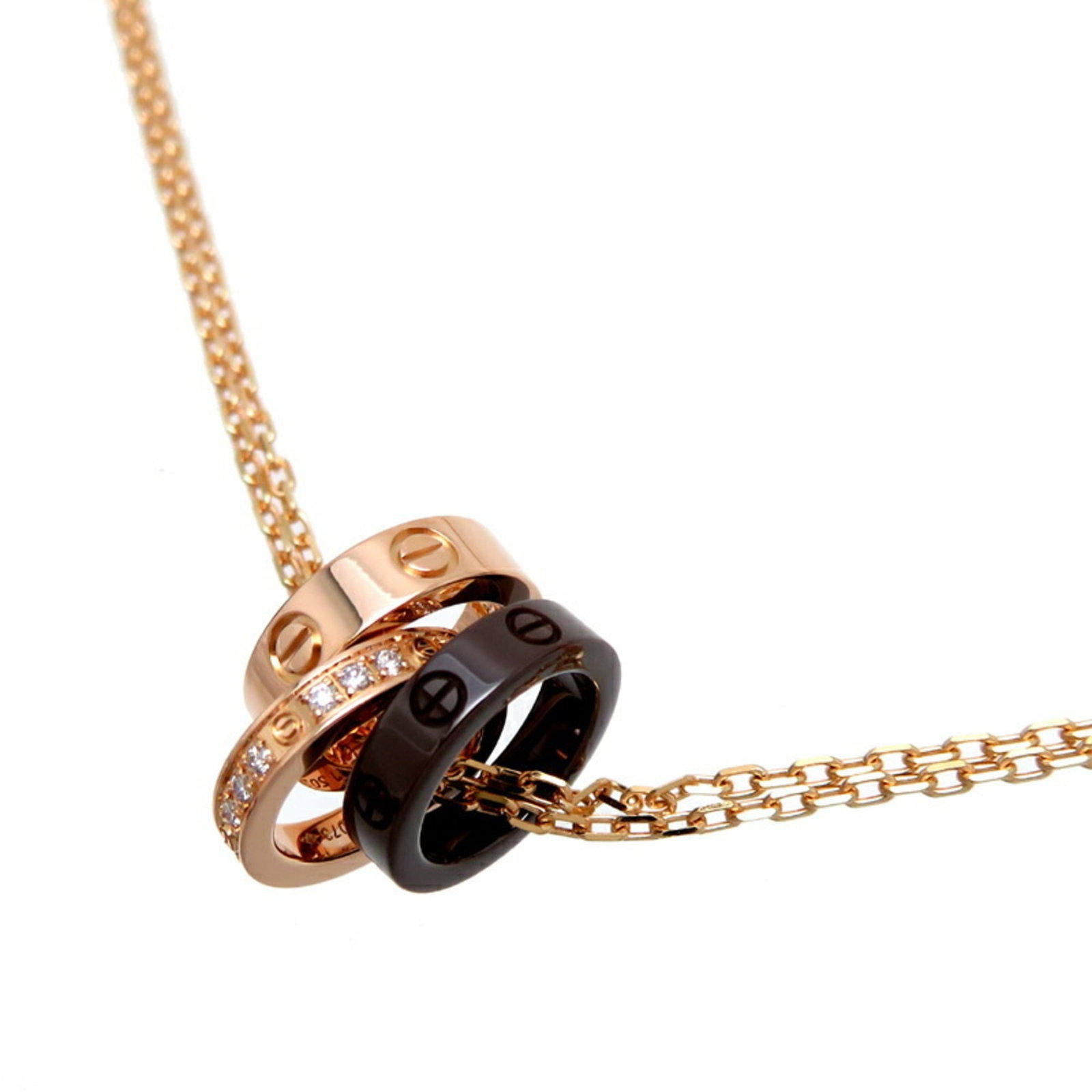 Love Hoop Three Diamond Women's Necklace Pink Gold Cartier B3046600: Love Hoop Three Diamond Women's Necklace Pink Gold Cartier B3046600 Pink gold Cartier Love Hoop necklace features three diamonds, weighing a total of 7.4g, set in a 41 cm pink gold chain with a comfor