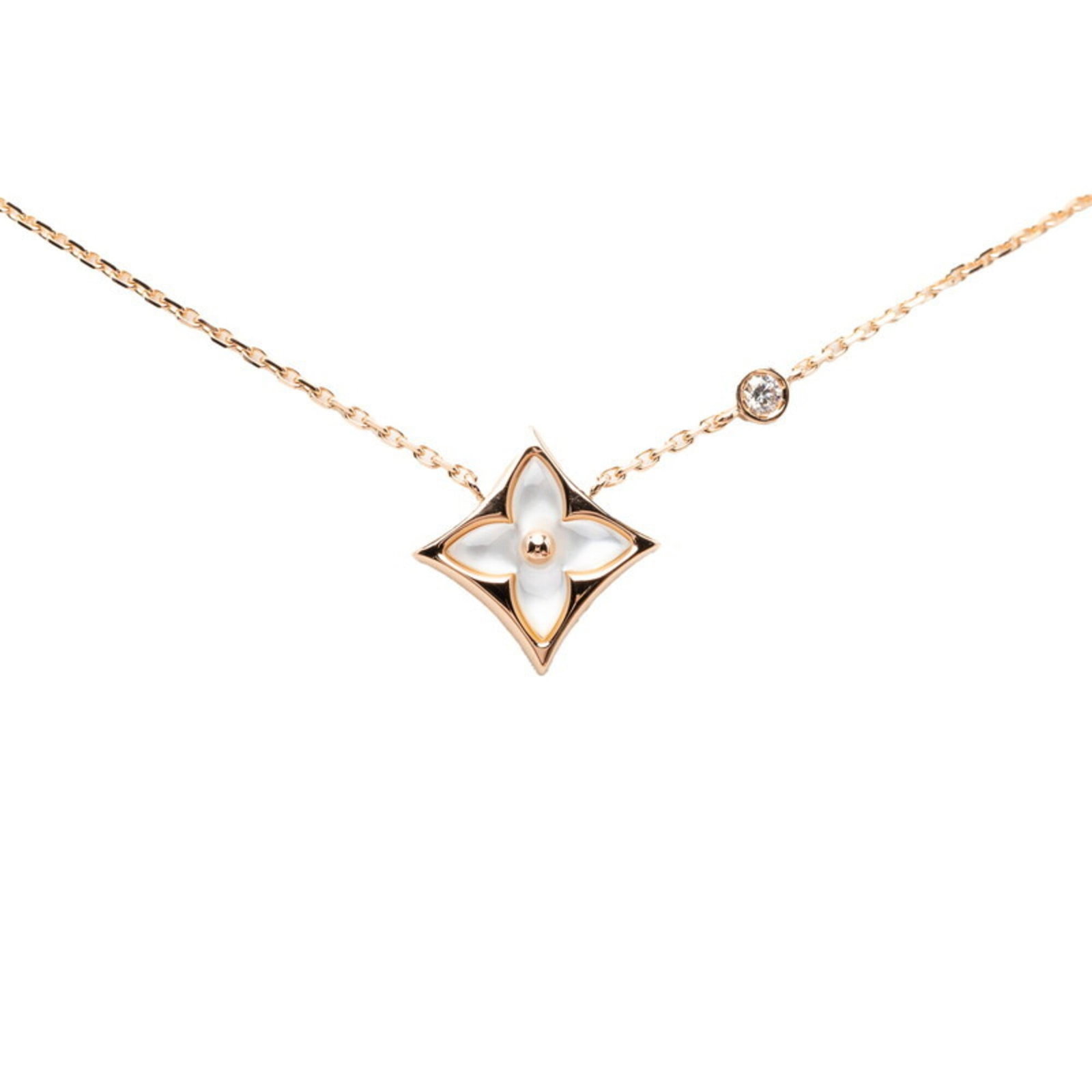 Louis Vuitton Gold 18Kpg Pink Diamond Mother-Of-Pearl Pendant Star Blossom Bb Necklace For Women: Louis Vuitton Gold 18Kpg Pink Diamond Mother-Of-Pearl Pendant Star Blossom Bb Necklace For Women Pink gold (18K) pendant features a diamond and mother-of-pearl design, set against a pink background.