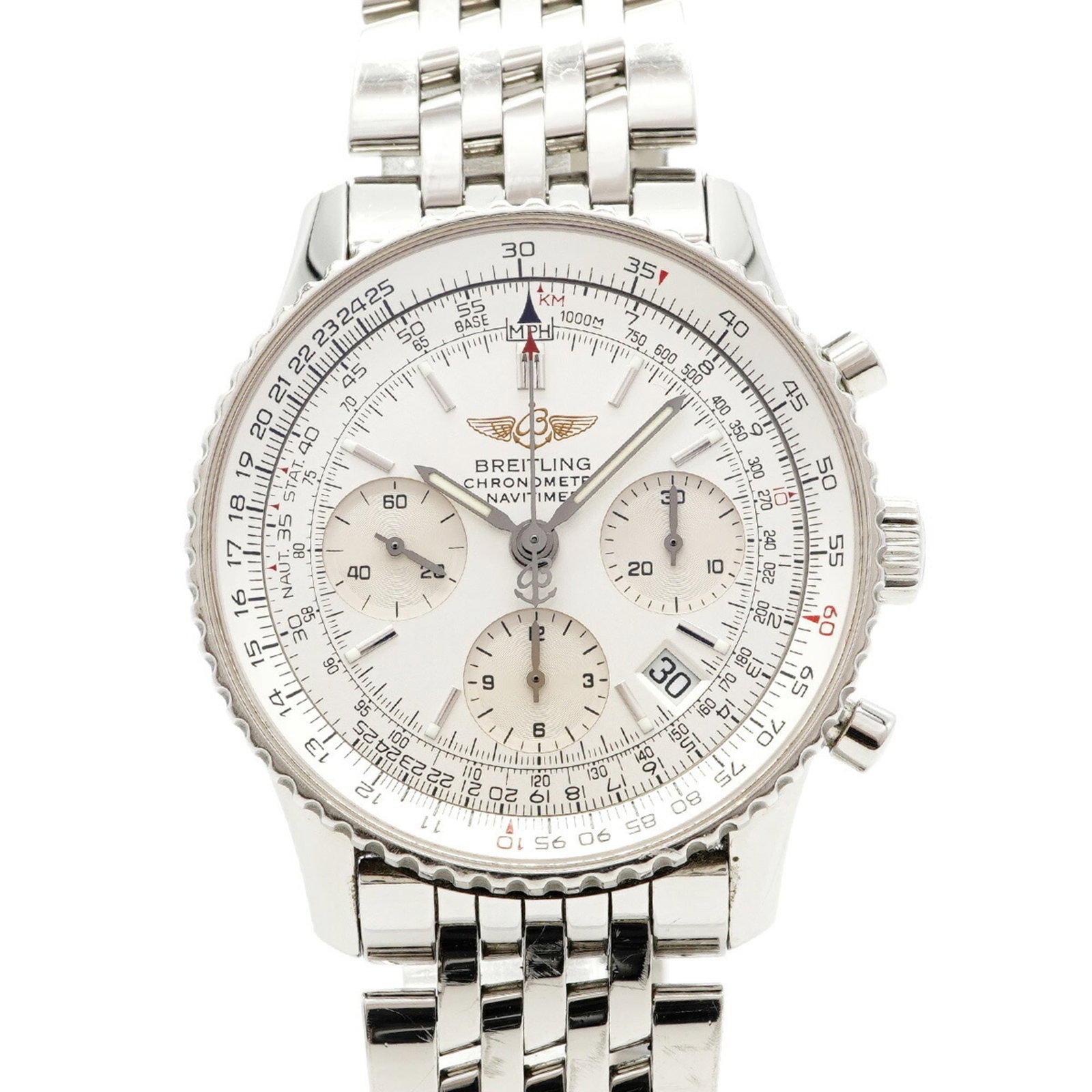 Breitling Wristwatch: Breitling Wristwatch Stainless steel band and silver dial make for a sleek, modern look. This Breitling wristwatch boasts a self-winding automatic movement and features a 41.7mm case diameter,