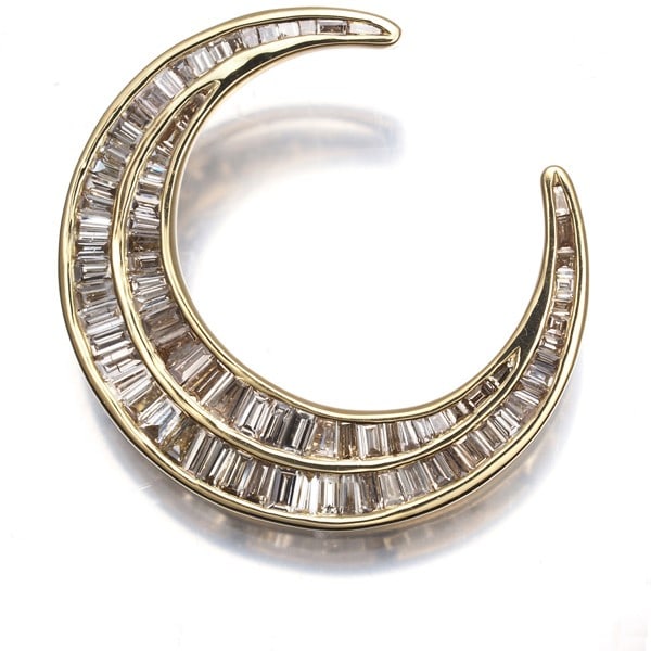 Brown Diamond Pendant 18K Moon Tapered Cut Baguette: Brown Diamond Pendant 18K Moon Tapered Cut Baguette 18k yellow gold moon tapered cut baguette pendant features a natural brown diamond, totaling 0.74ct in weight. The pendant boasts a unique design
