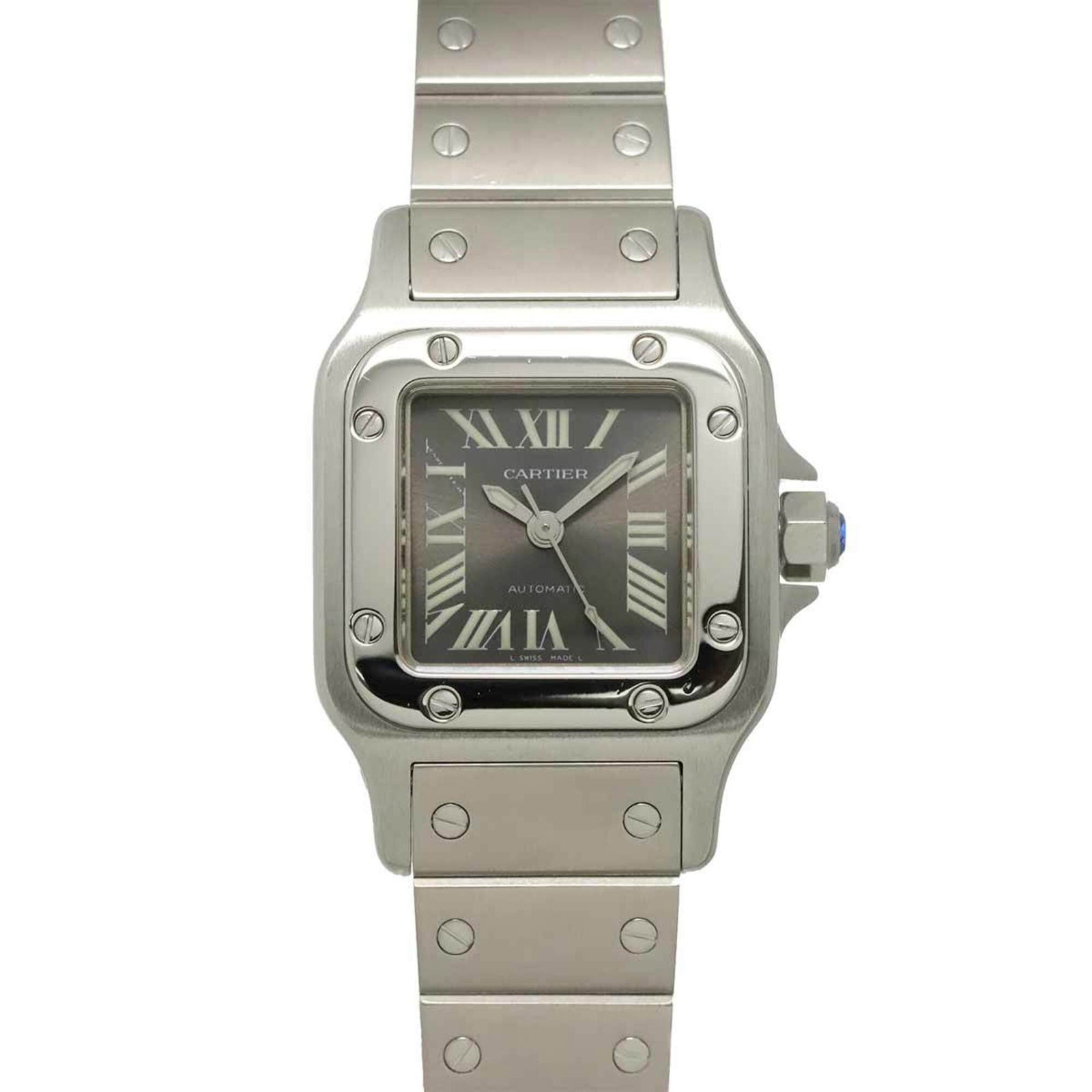 Wristwatch By Cartier: Wristwatch By Cartier Stainless steel case and band, the Cartier wristwatch boasts a sleek gray dial. Powered by a self-winding automatic movement, this Swiss-made timepiece features a 24mm diameter