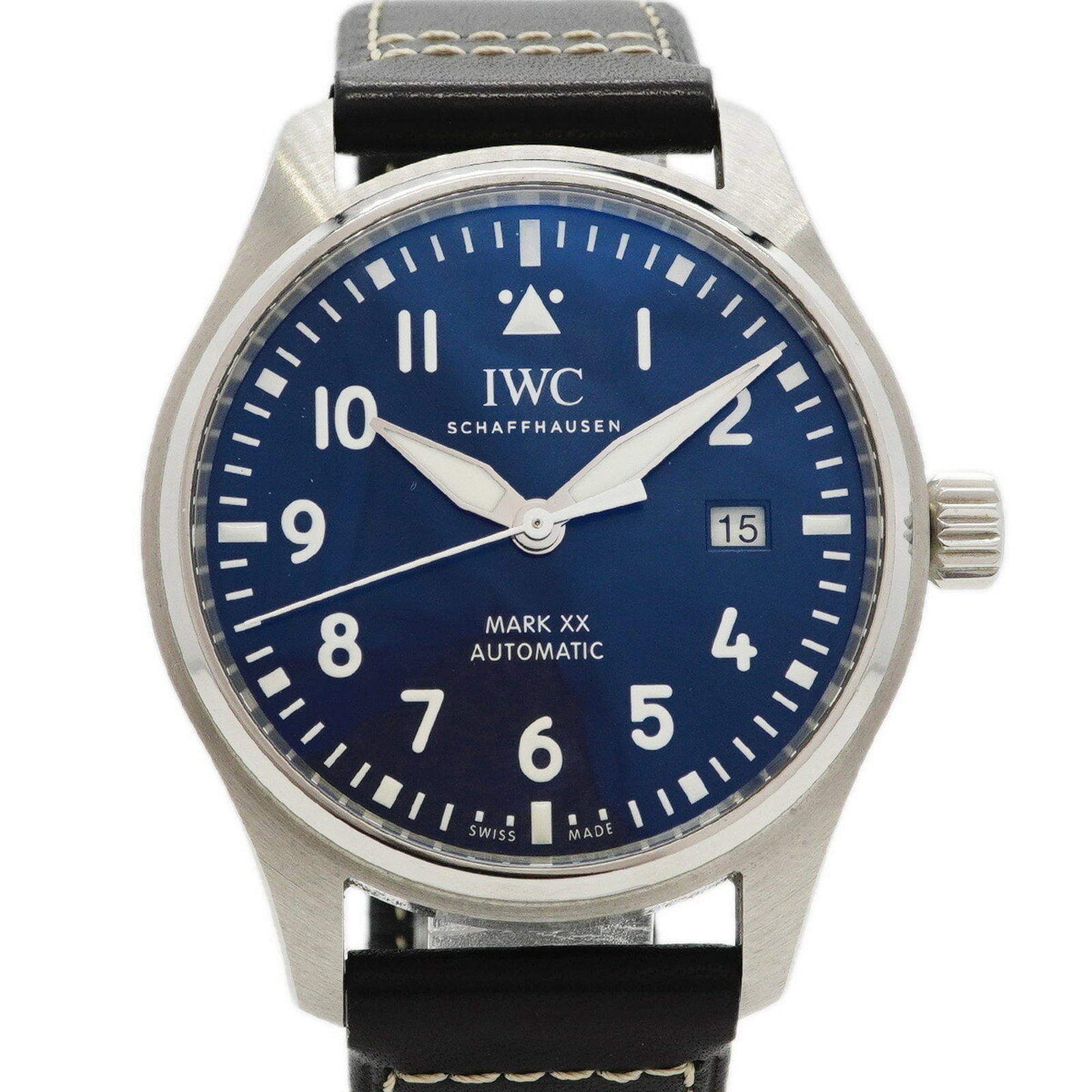 Wristwatch by Iwc: Wristwatch by Iwc 40mm automatic wristwatch with navy leather band, bearing the signature of its creator. This IWC timepiece boasts a self-winding movement and case diameter of 40mm. Its classic desig