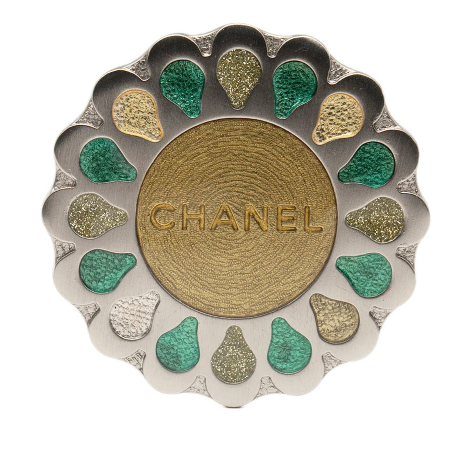 Metal Chanel Brooch: Metal Chanel Brooch Metal Chanel Brooch - A Vibrant Multi-Color Design. This brooch features a striking multi-color design in silver metal, measuring 4.83cm x 4.88cm / 1.9'' x 1.92''. Its unique