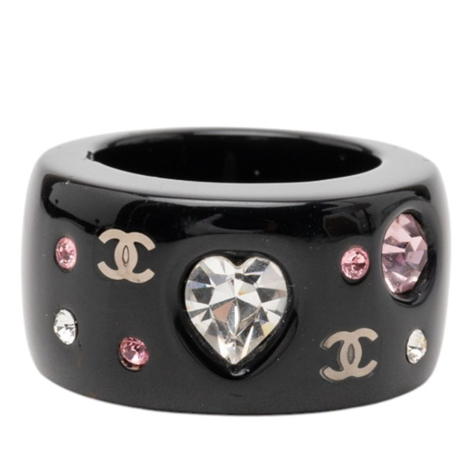 Ring with Plastic Band from Chanel: Ring with Plastic Band from Chanel Black and multi-color plastic band ring from Chanel, featuring rhinestone stones. The ring boasts a sleek design with a width of 12.9mm and a US size of 6, suitable 