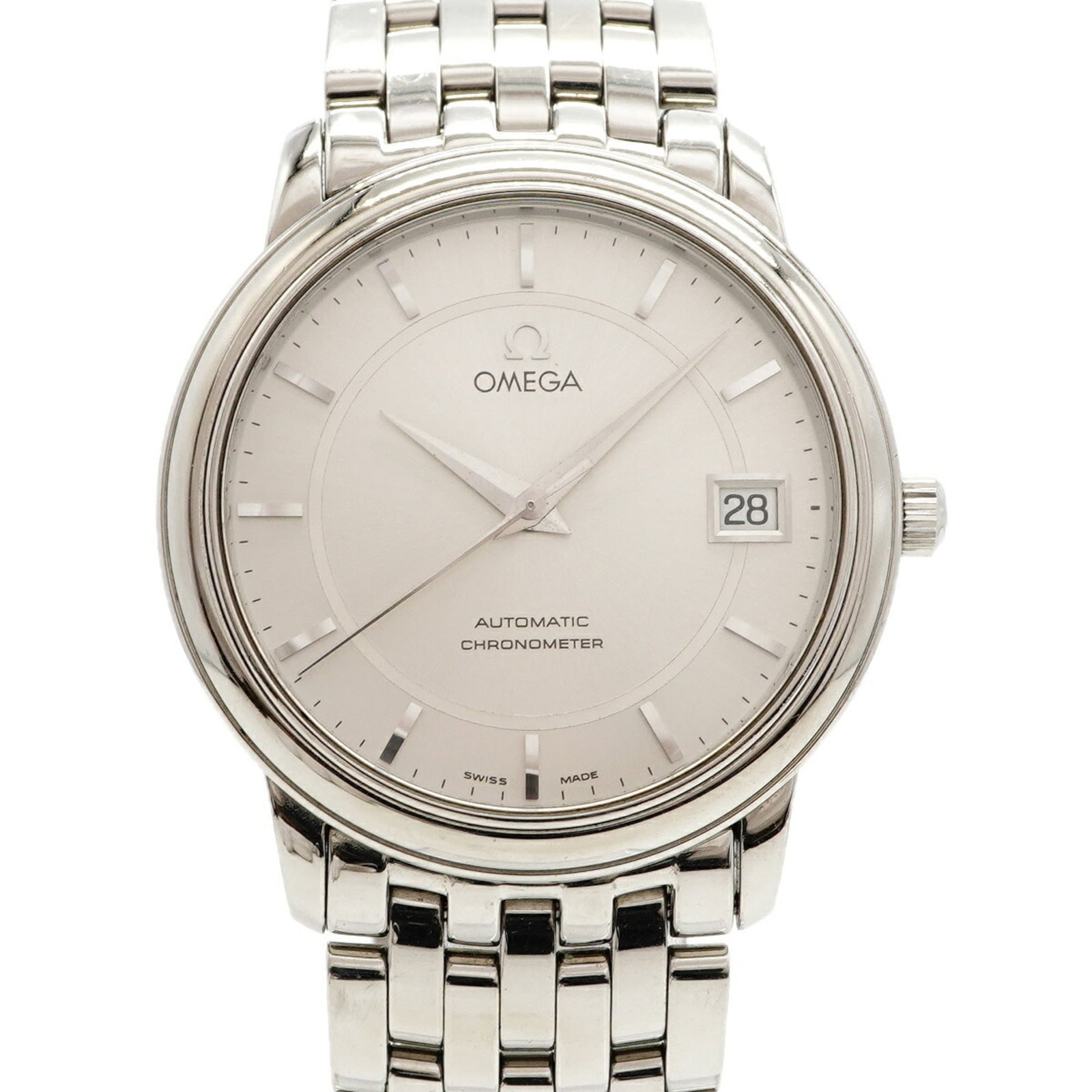 Wristwatch of Omega: Wristwatch of Omega Stainless steel band adds durability to the sleek design of this silver Omega wristwatch, featuring a self-winding automatic movement. With its compact case diameter of 34.6mm,