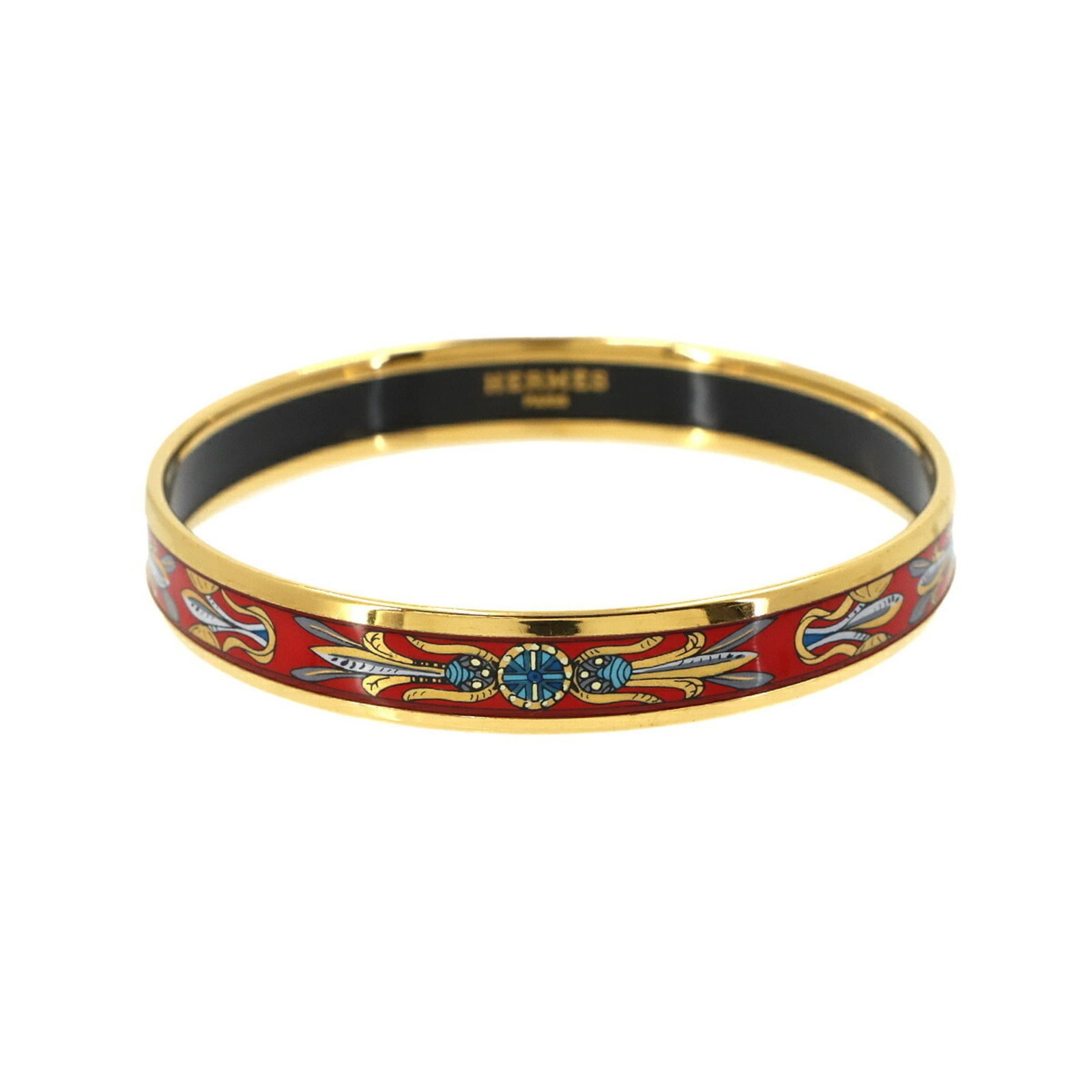 Hermes Bangle: Hermes Bangle The Hermes Bangle boasts a sleek gold design, complemented by a striking red accent, measuring 19.5cm in length. This elegant bangle showcases the iconic French brand's signature style a