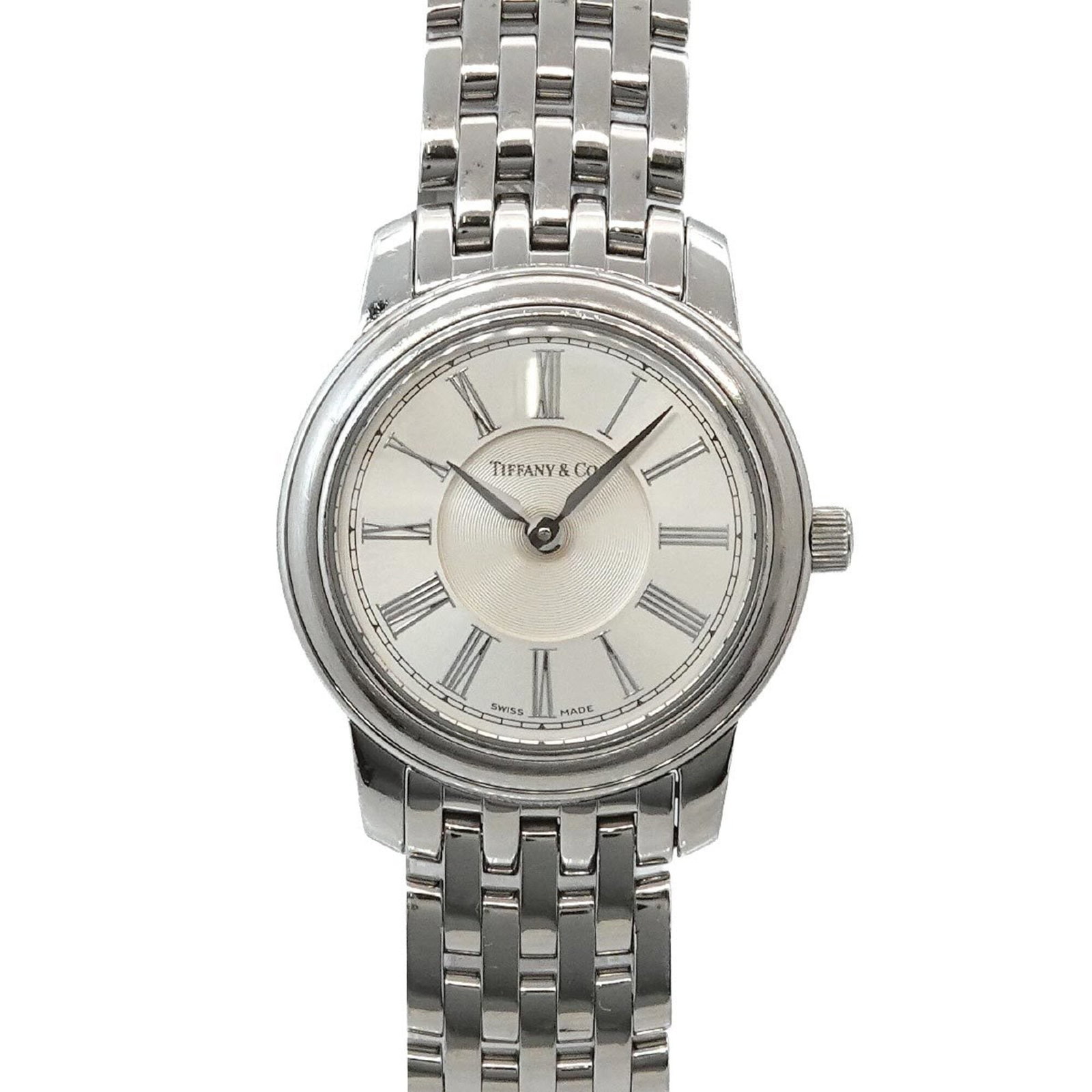 Tiffany Wristwatch: Tiffany Wristwatch Stainless steel case and band, paired with a silver dial, make this Tiffany wristwatch a sleek and modern accessory. Measuring 27mm in diameter, it's designed to fit wrists up to