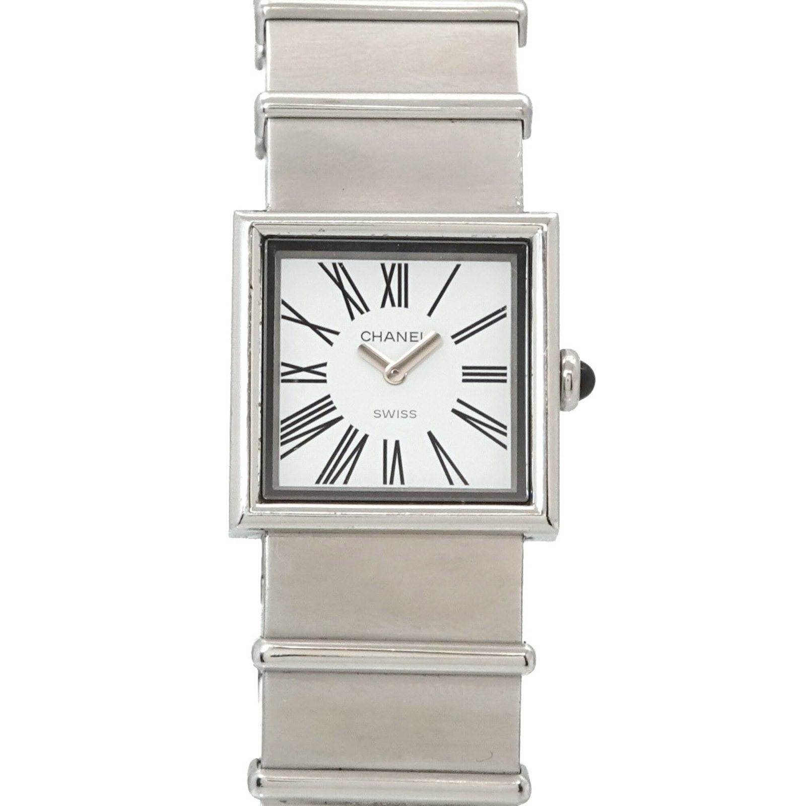 Chanel Wristwatch: Chanel Wristwatch Stainless steel case and band add a sleek touch to this black quartz wristwatch, measuring 22mm in diameter. The watch features a classic design with a simple yet elegant aesthetic.