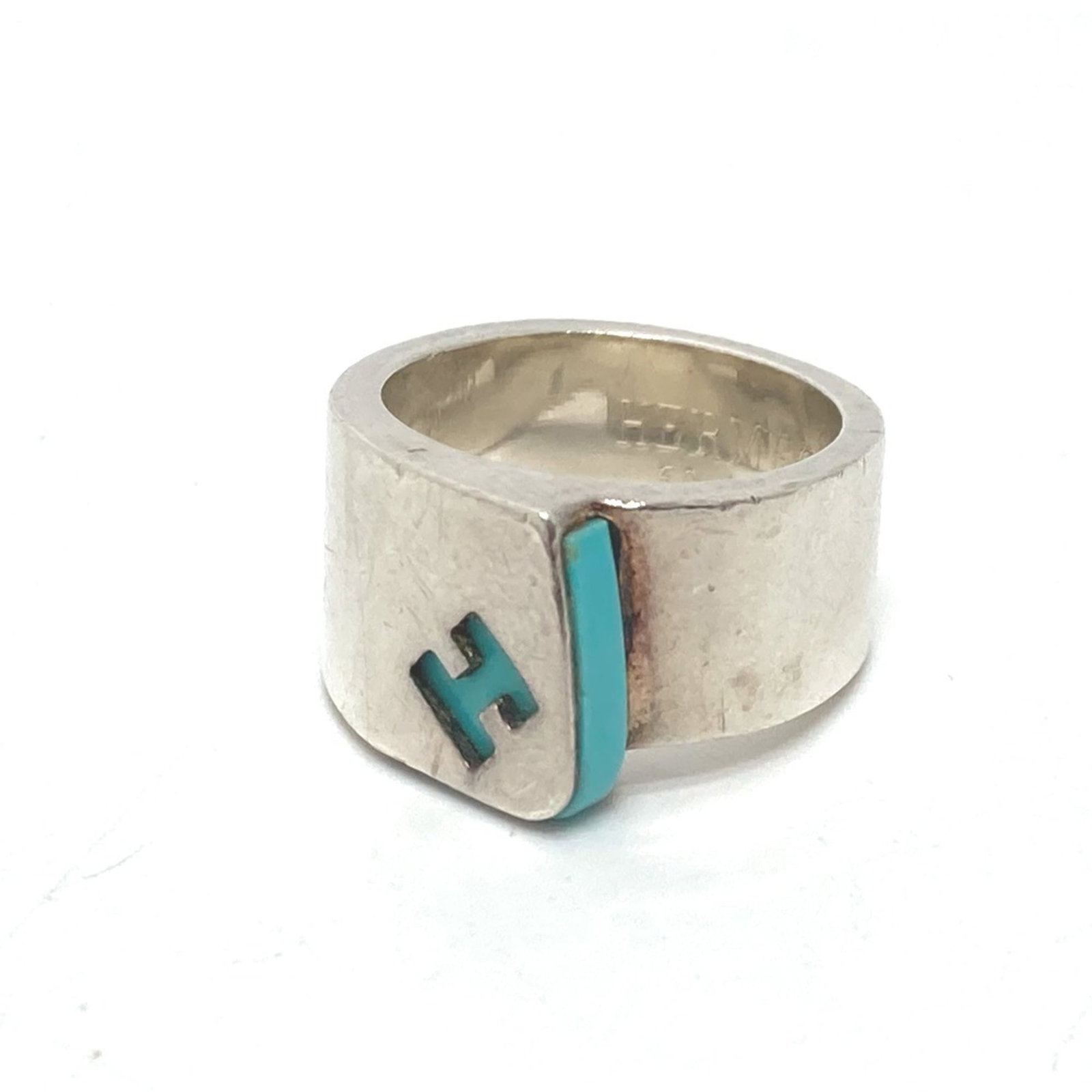 Ring Hermes Band: Ring Hermes Band Silver925 band ring from Hermes, featuring blue color and a silver metal construction. This women's band ring measures 50 US size 5 and 9 JP sizes. The ring bears the signature of