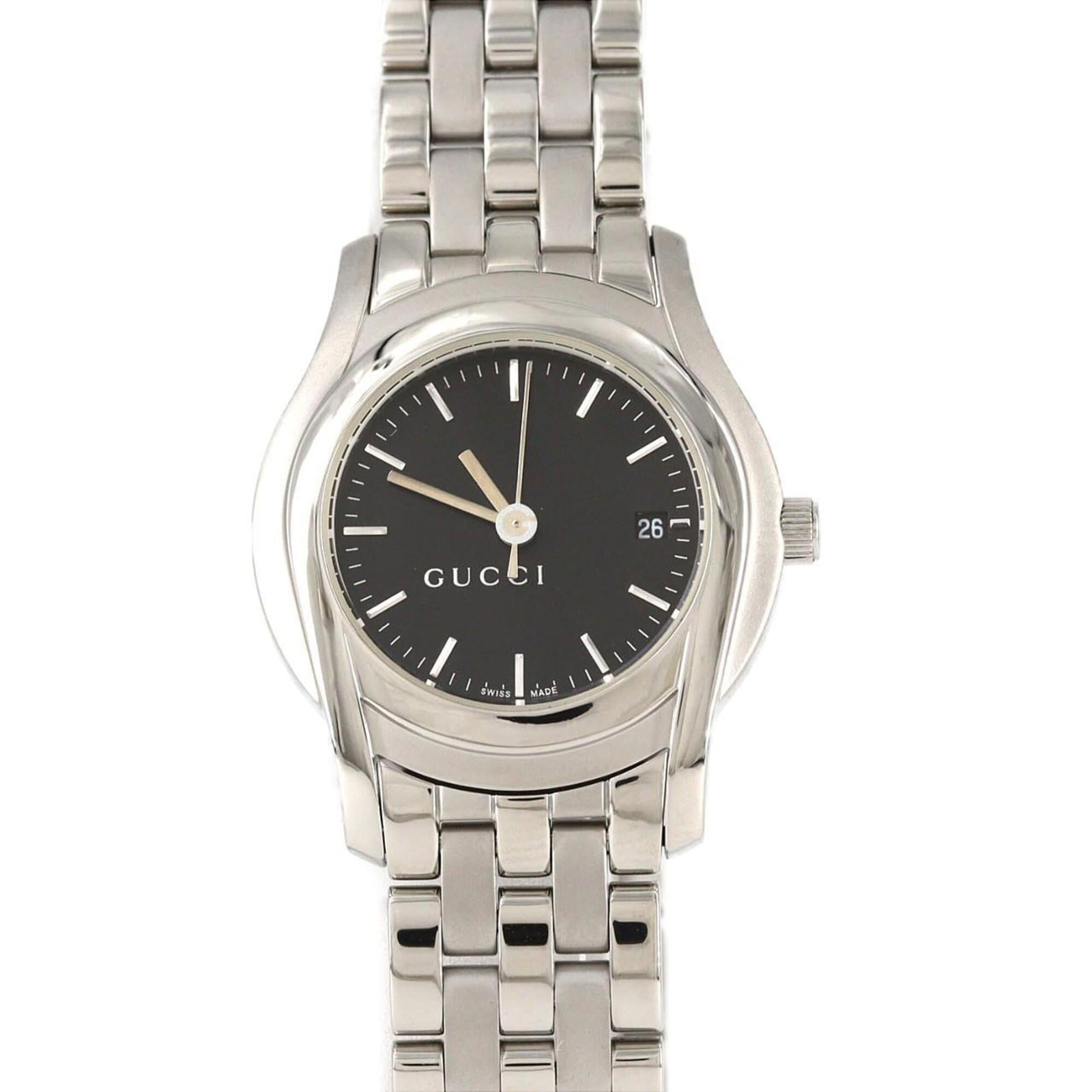 Gucci Wristwatch: Gucci Wristwatch Stainless steel case and band, black dial, quartz movement, and 27mm diameter make this Gucci wristwatch a sleek and modern accessory. The watch's compact size and slim profile suit