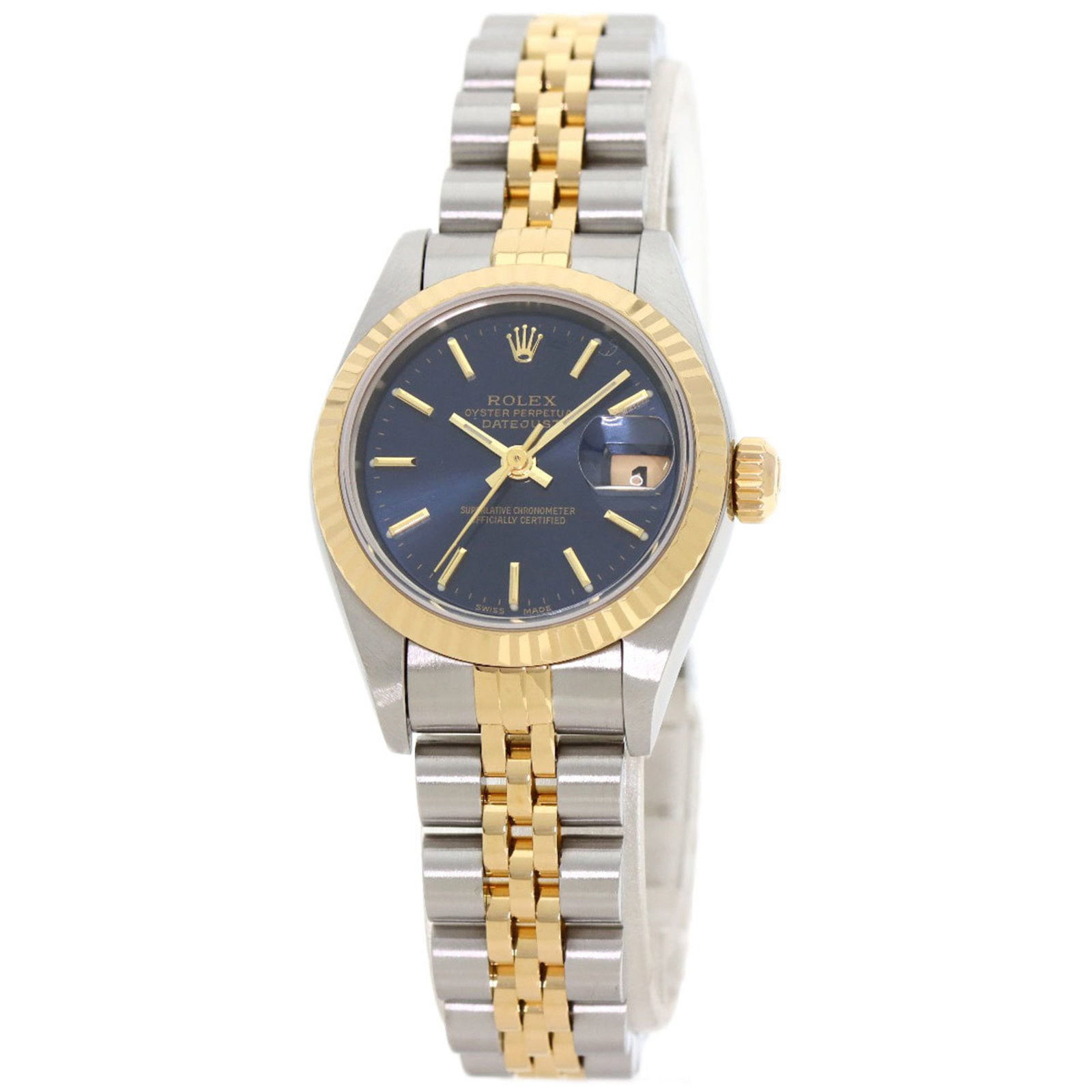 Rolex Wristwatch: Rolex Wristwatch Stainless steel and yellow gold (18K) combine in this Rolex wristwatch, featuring an analog display with a blue dial. The self-winding automatic movement powers the timepiece, which