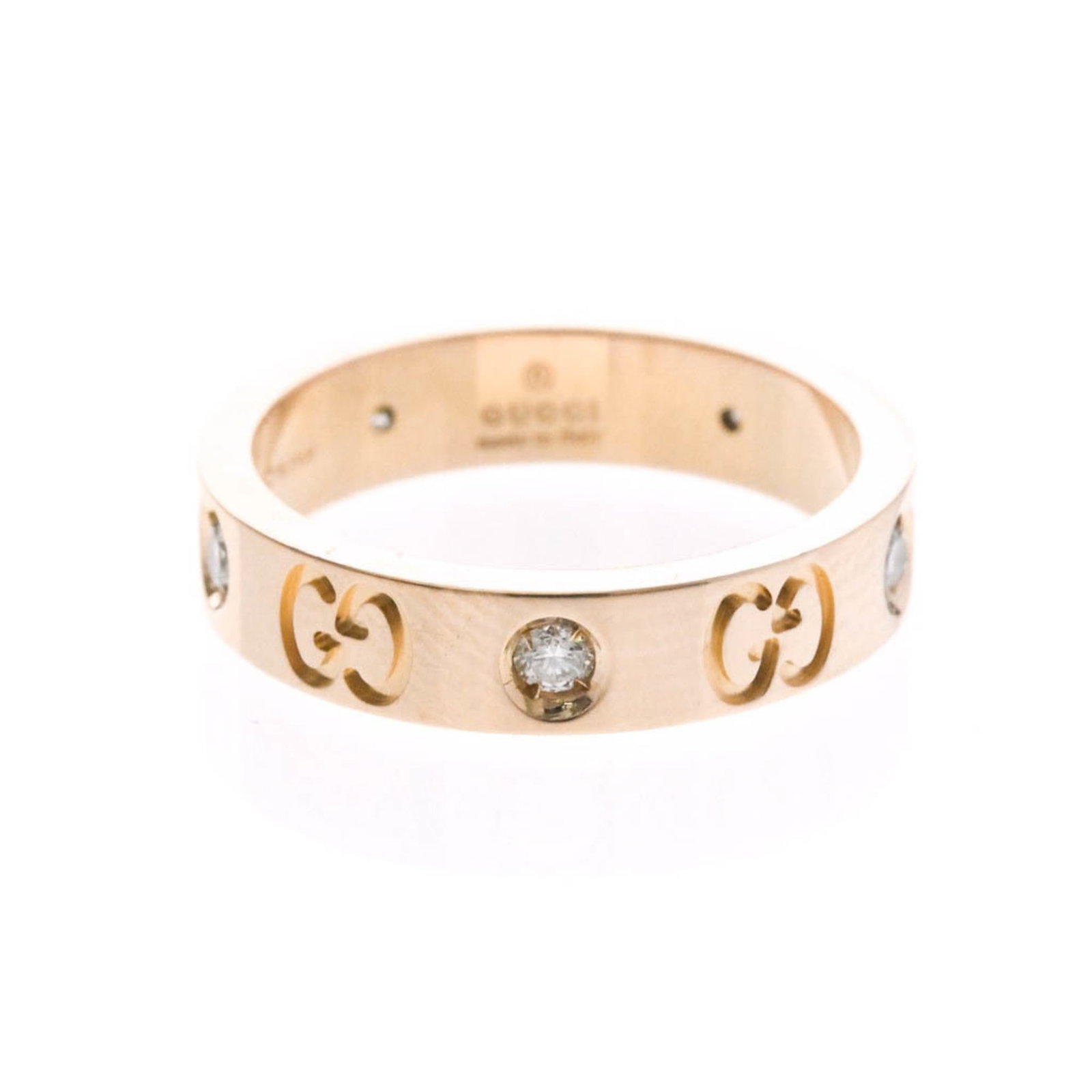 Gucci Band Ring Pink Gold (18K): Gucci Band Ring Pink Gold (18K) Pink gold (18K) band ring from Gucci, featuring diamonds in a fashion design. This 9 US size, 5 JP size, and 8 width pink gold band ring weighs 4.4g / 0.15oz and