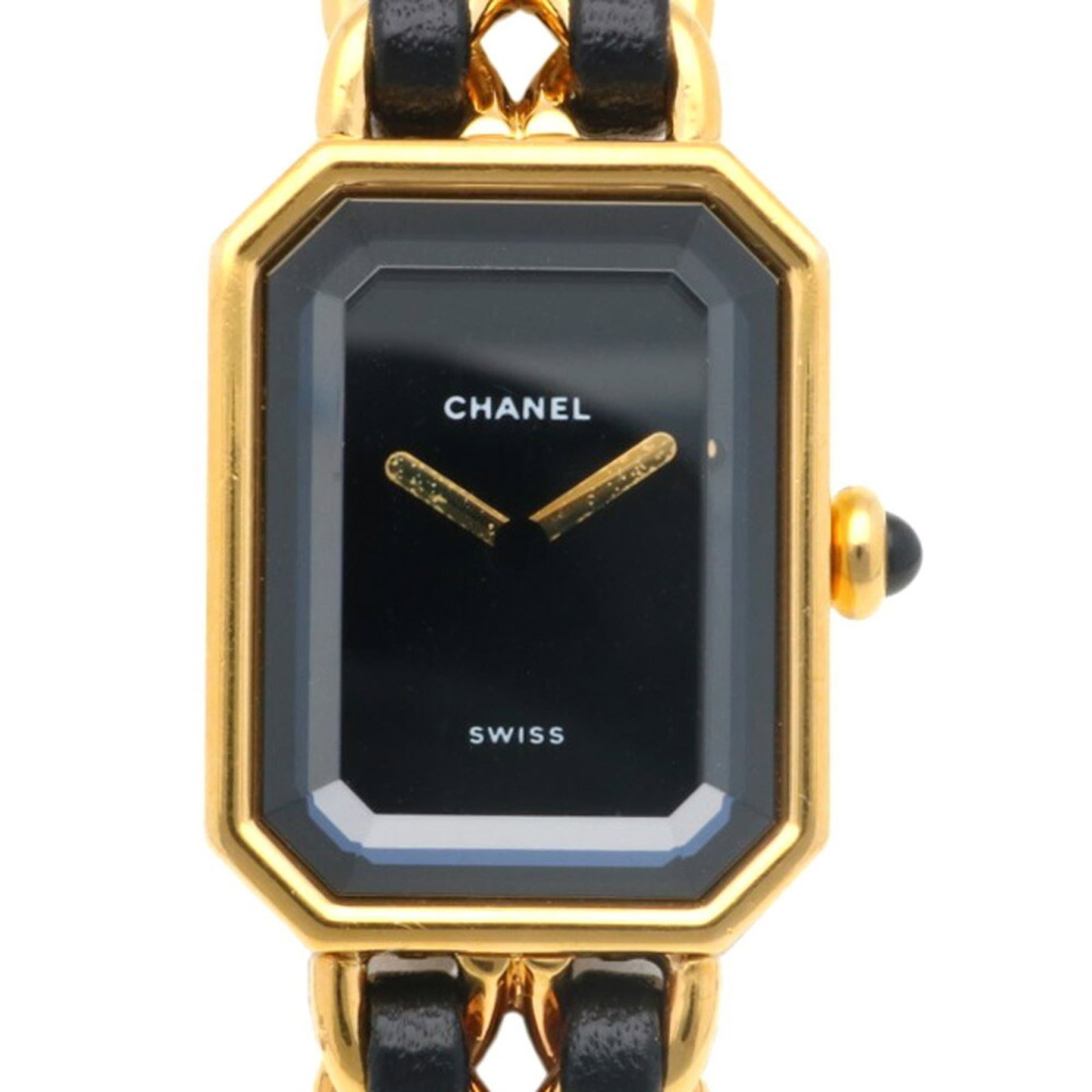 Chanel Wristwatch: Chanel Wristwatch Gold plated case and band, the Chanel wristwatch boasts a sleek black design. Its quartz movement keeps time with precision, while its compact size makes it suitable for everyday