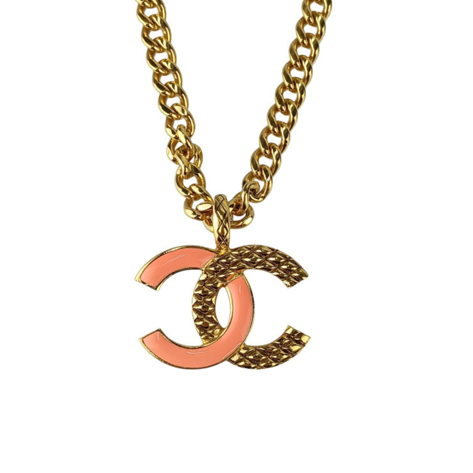 Coco Chanel Necklace Gold Pink Metal Women: Coco Chanel Necklace Gold Pink Metal Women Gold and pink metal combine in a chic Coco Chanel necklace, featuring a pendant with dimensions of 30mm x 41mm. The necklace's gold pink metal construction