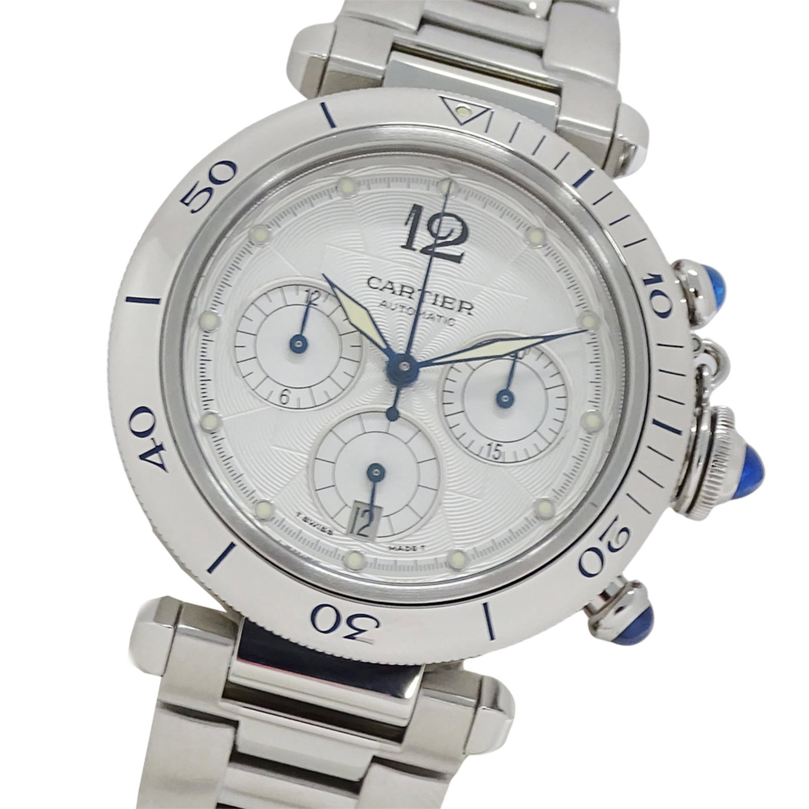 Wristwatch By Cartier: Wristwatch By Cartier Stainless steel case and band, silver dial, and self-winding automatic movement make for a sleek and sophisticated timepiece. Measuring 38mm in diameter, this Cartier wristwatch