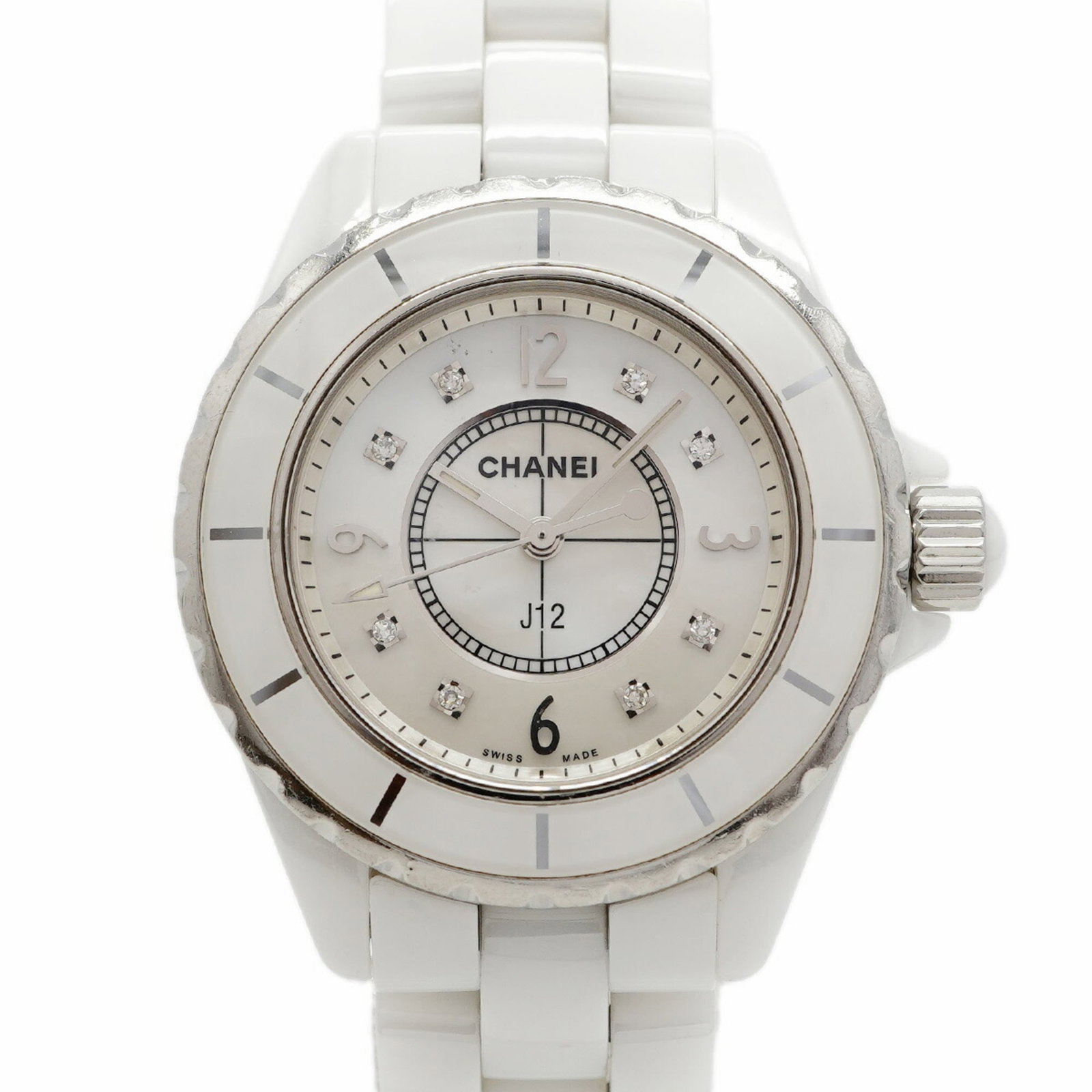 Chanel Wristwatch: Chanel Wristwatch Ceramic band and white dial make for a sleek, modern look in this Chanel wristwatch. The quartz movement ensures reliable timekeeping, while the 33.9mm case diameter provides a