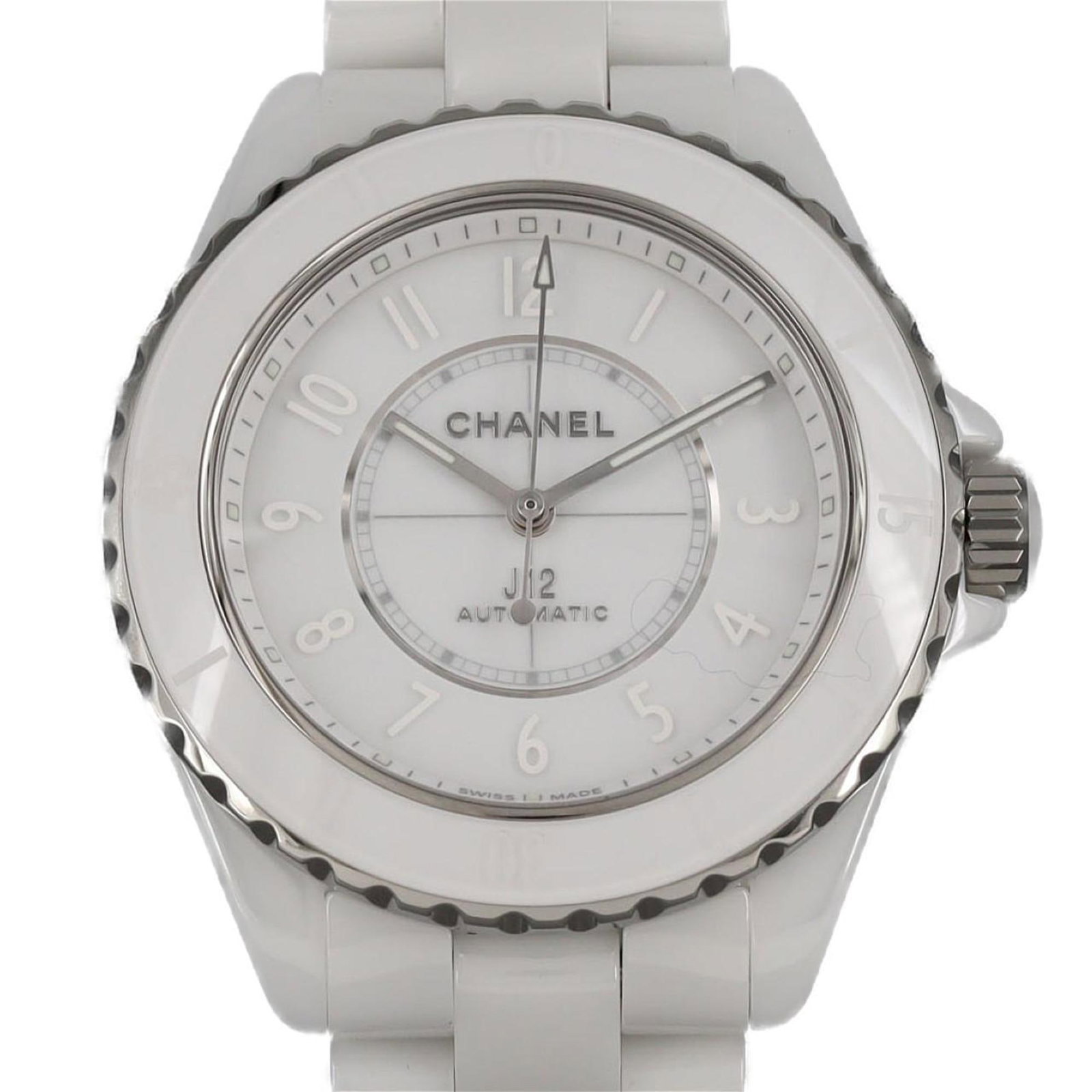 Chanel Wristwatch: Chanel Wristwatch Ceramic case and band make for a sleek, modern design. This self-winding automatic watch features a white dial and comes with its original accessories, including an inner box and out