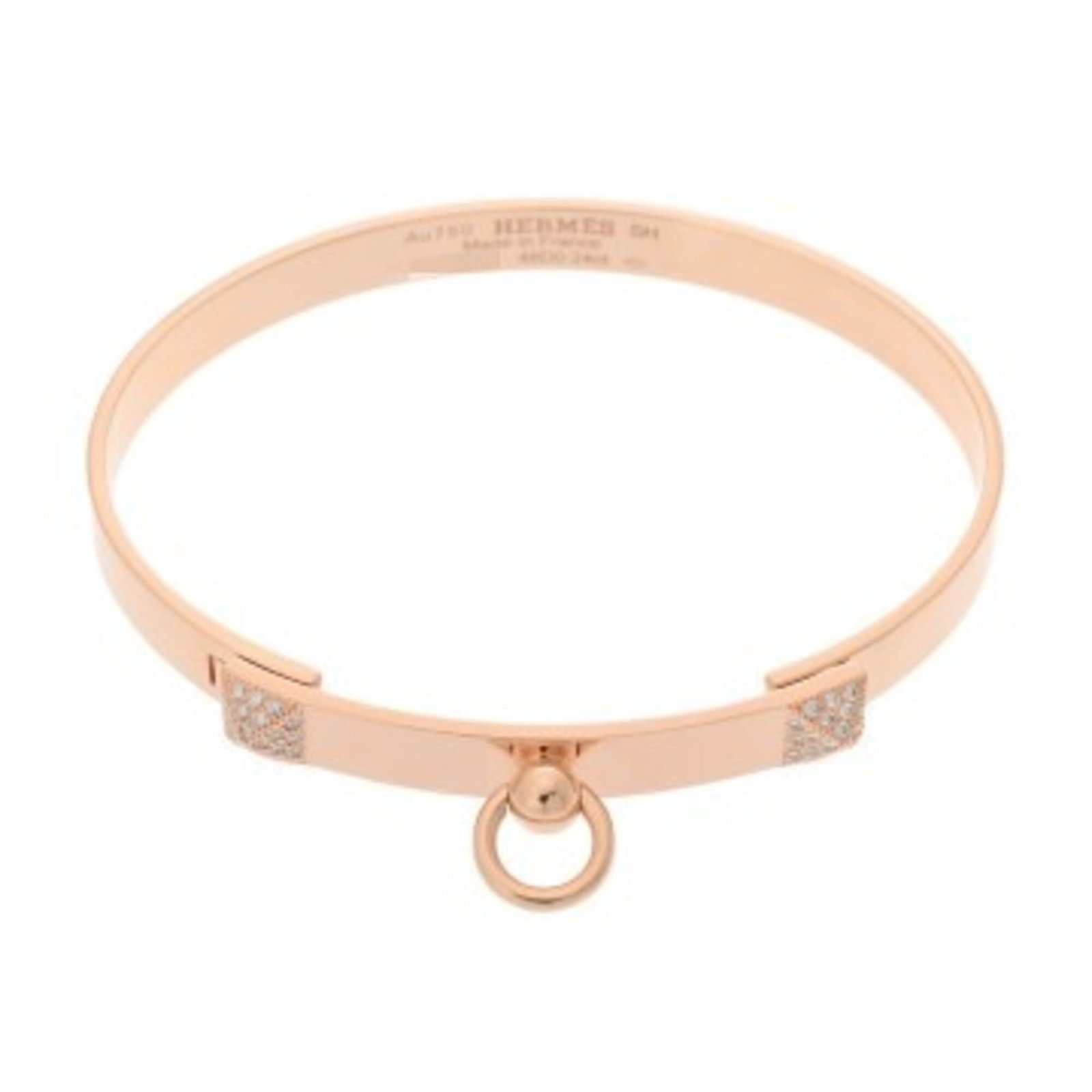 Pink Gold Bangle Hermes: Pink Gold Bangle Hermes Pink gold bangle from Hermes features 18K pink gold and diamond stone, measuring 15.5cm in length. This elegant bangle showcases the luxurious craftsmanship of the renowned Fre