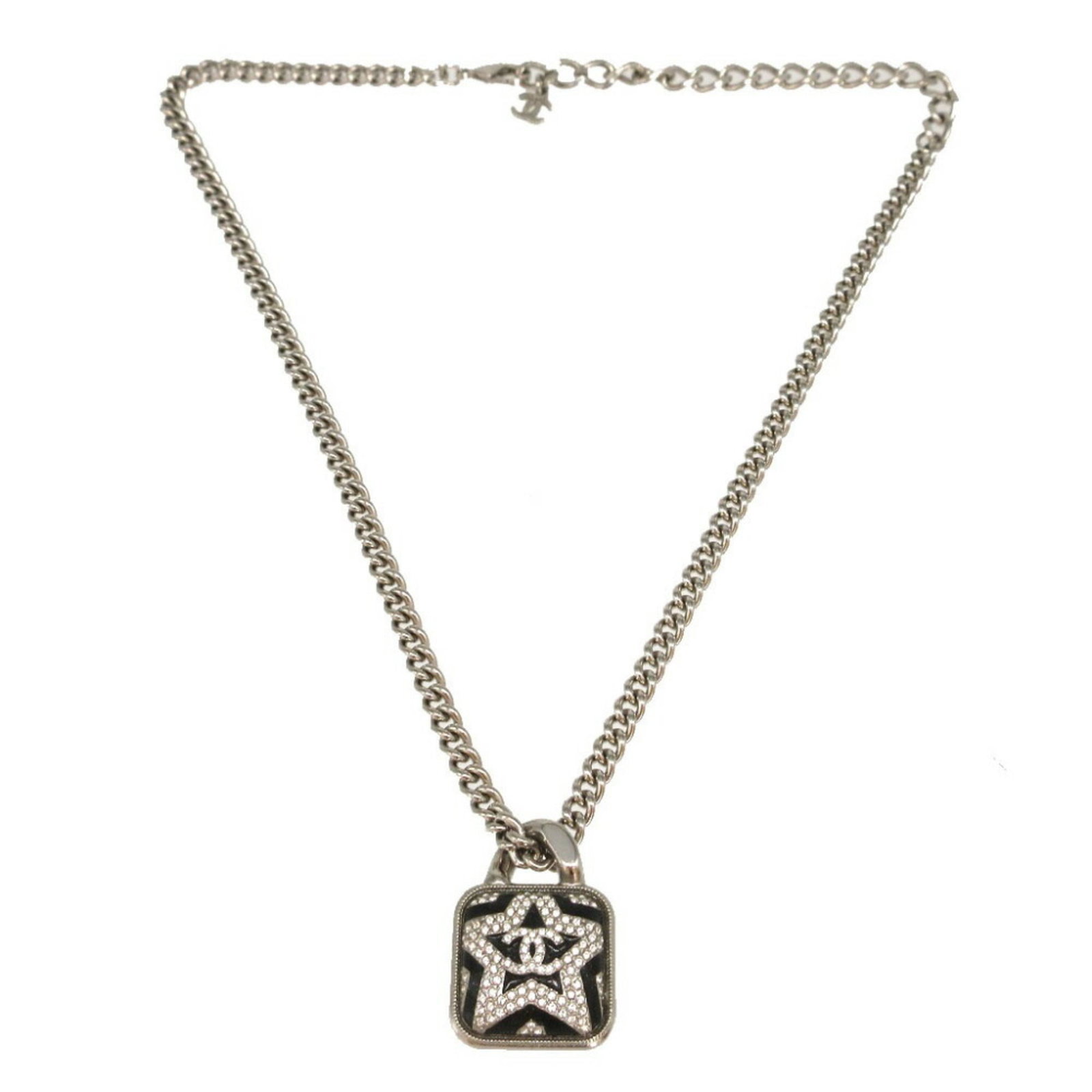 Coco Chanel Mark Metal Stone Star Pendant Necklace: Coco Chanel Mark Metal Stone Star Pendant Necklace Coco Chanel Mark Metal Stone Star Pendant Necklace in black and silver, featuring a striking design with the iconic interlocking CC logo. This