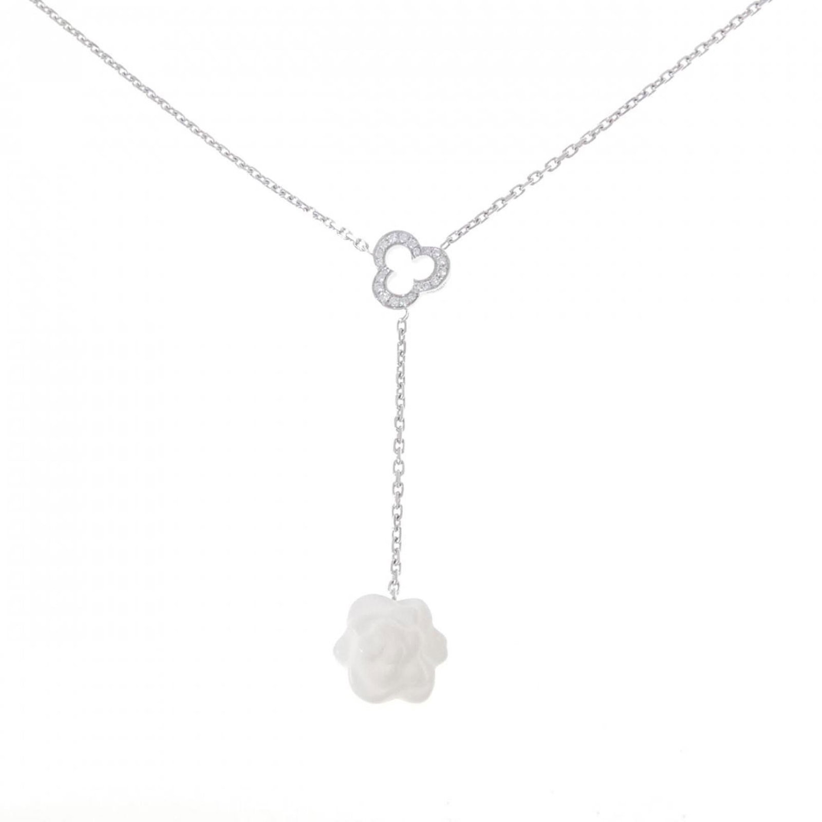 Chanel Camellia Necklace: Chanel Camellia Necklace Chanel's Camellia Necklace boasts elegant white gold (18K) craftsmanship, featuring a stunning chalcedony and diamond pendant. The necklace's adjustable neck circumference