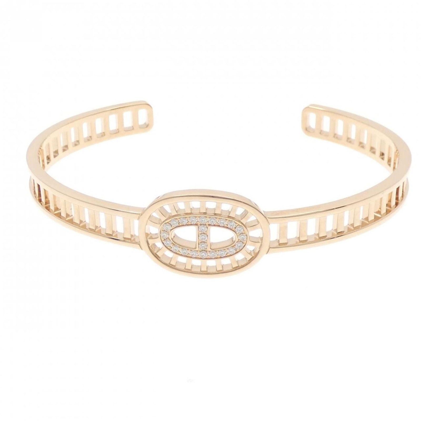 Pink Gold Bangle Hermes: Pink Gold Bangle Hermes Pink gold bangles from the iconic French fashion house Hermes, featuring a delicate design and adorned with a diamond. This 18K pink gold piece measures 16cm in length and boas