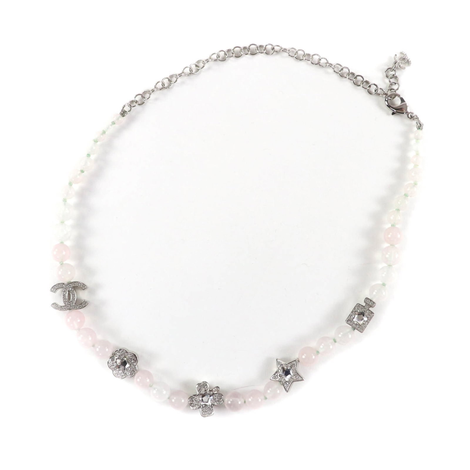 Chanel B25P Coco Mark Natural Stone Rhinestone Necklace White And Pink Silver Hardware 2025 Model: Chanel B25P Coco Mark Natural Stone Rhinestone Necklace White And Pink Silver Hardware 2025 Model Chanel's B25P Coco Mark Natural Stone Rhinestone Necklace boasts elegant white and pink hues, set