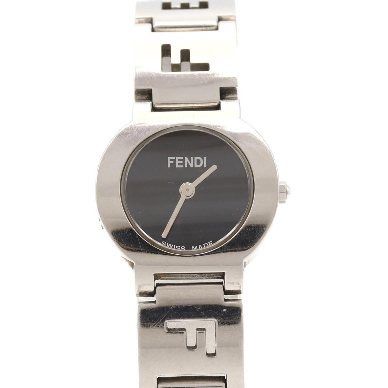 Fendi Wristwatch: Fendi Wristwatch Stainless steel case and band add a sleek touch to this Fendi wristwatch, featuring a black dial. The quartz movement keeps time with precision, while the 24mm diameter case fits