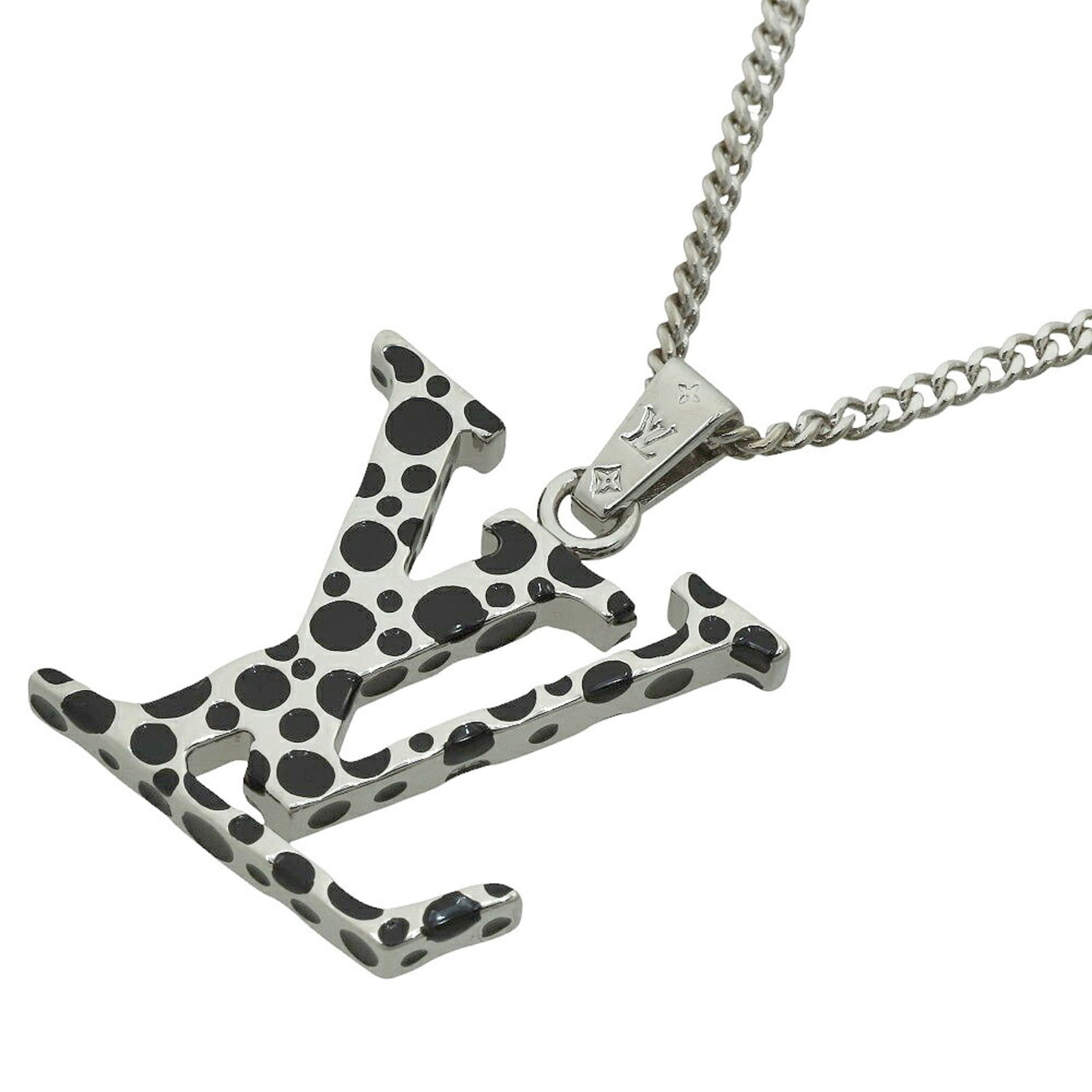 Louis Vuitton X Kusama Yayoi Infinity Dot Pendant Necklace M01089 Lv: Louis Vuitton X Kusama Yayoi Infinity Dot Pendant Necklace M01089 Lv Black and silver Louis Vuitton Infinity Dot Pendant Necklace, featuring a striking design with no stone. The necklace measures