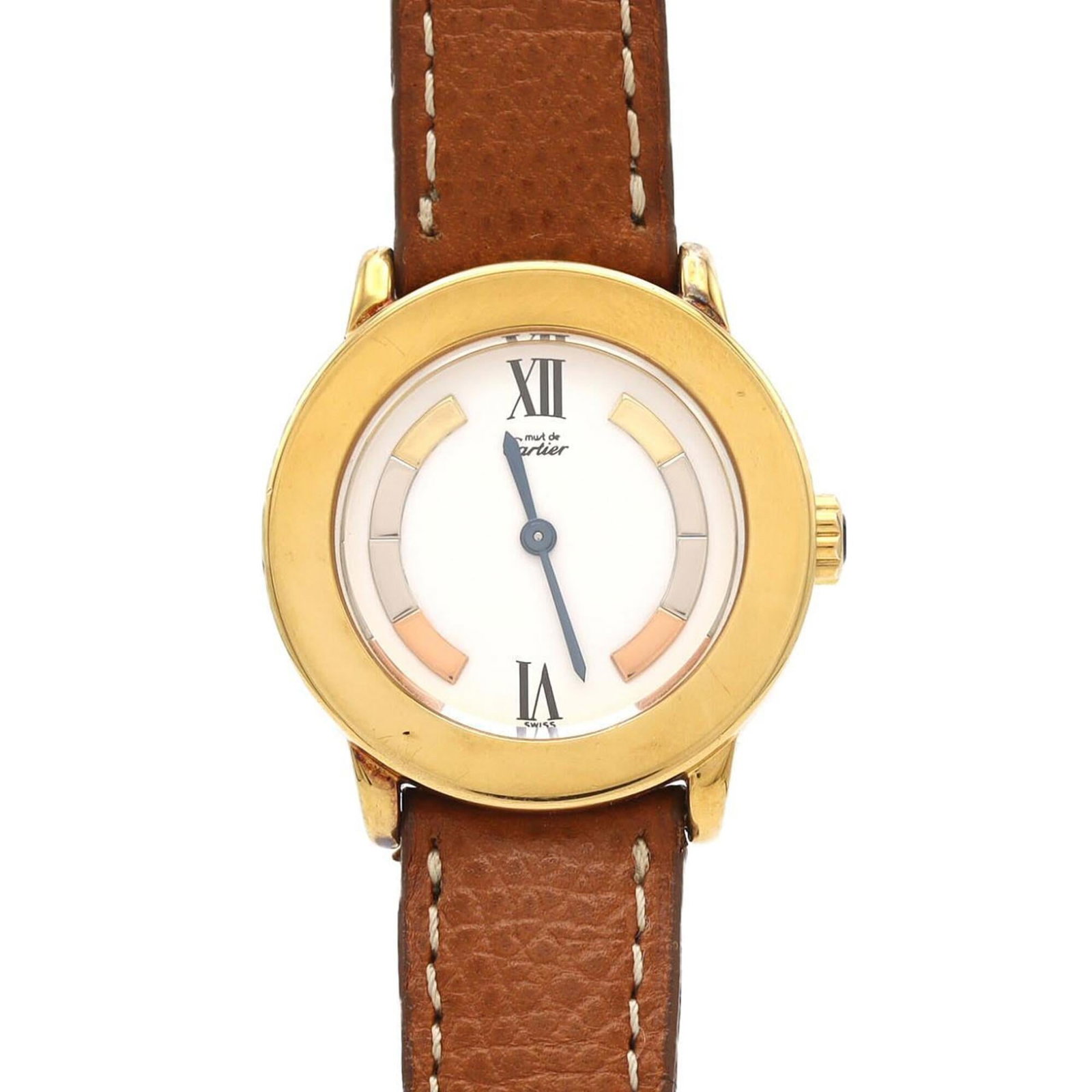 Wristwatch By Cartier: Wristwatch By Cartier Gold plated Cartier wristwatch with a white dial and quartz movement, featuring a sleek 27mm case diameter. This stylish timepiece boasts a classic design that exudes elegance an