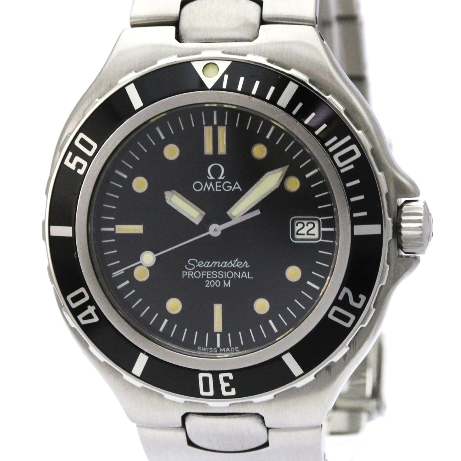 Wristwatch of Omega: Wristwatch of Omega Stainless steel case and band provide a sleek, sporty look for the Omega Seamaster watch. The black dial stands out against the neutral background, while the quartz movement
