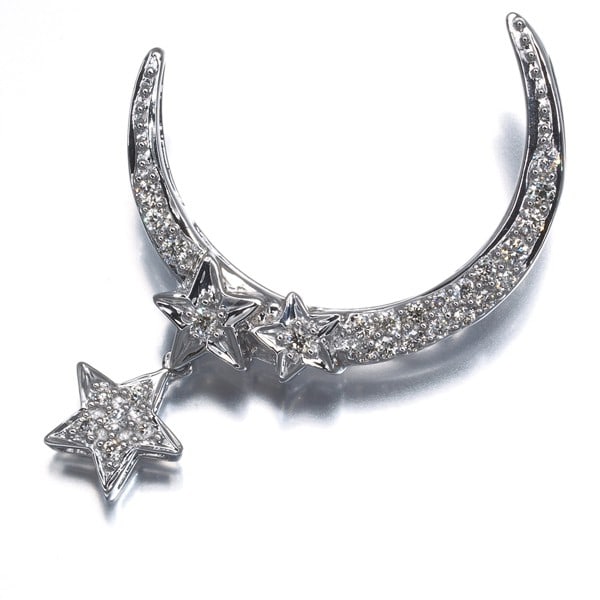 Moon Star Drop Pendant White Gold 18K Diamond Paved: Moon Star Drop Pendant White Gold 18K Diamond Paved 18k White Gold Moon Star Drop Pendant with Diamond Paved Details. This beautiful pendant features a natural moon star design, set with an estimated