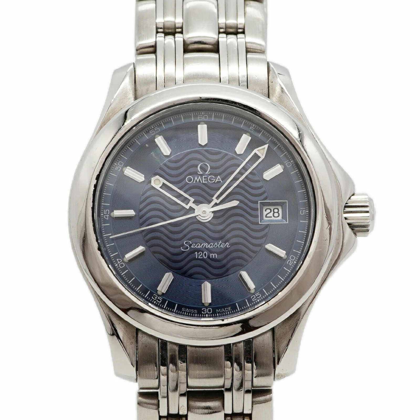 Wristwatch of Omega: Wristwatch of Omega Stainless steel band adds a touch of durability to the sleek design, while the blue dial provides a pop of color. This quartz-powered wristwatch features a compact case diameter