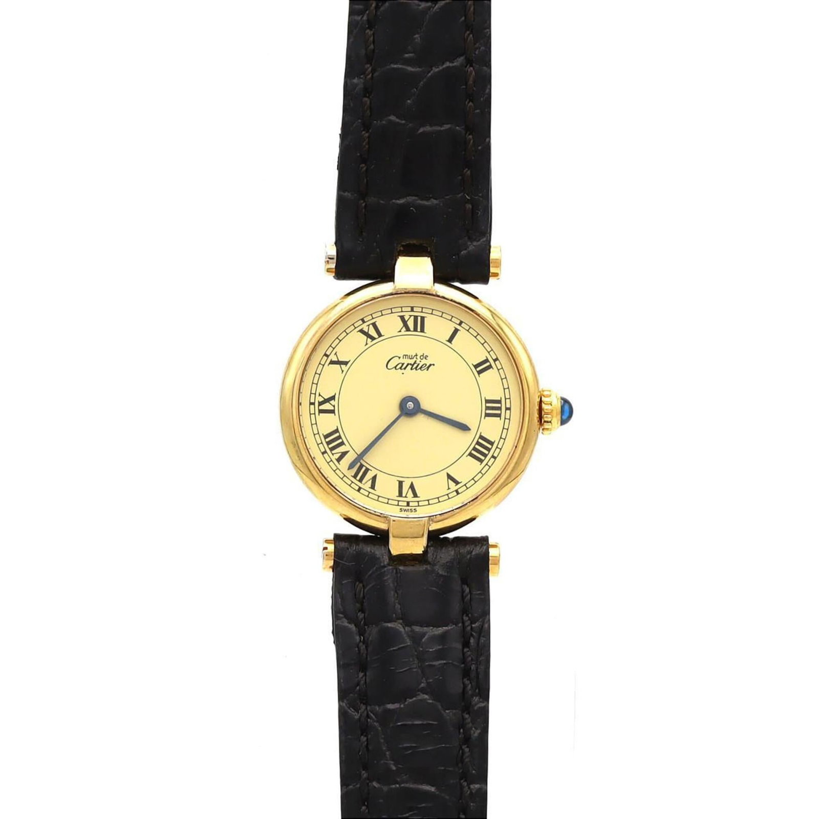 Wristwatch By Cartier: Wristwatch By Cartier Gold plated Cartier wristwatch with an ivory dial, measuring 24mm in diameter, features a quartz movement. The watch's case is made from gold plated material and bears a signatur