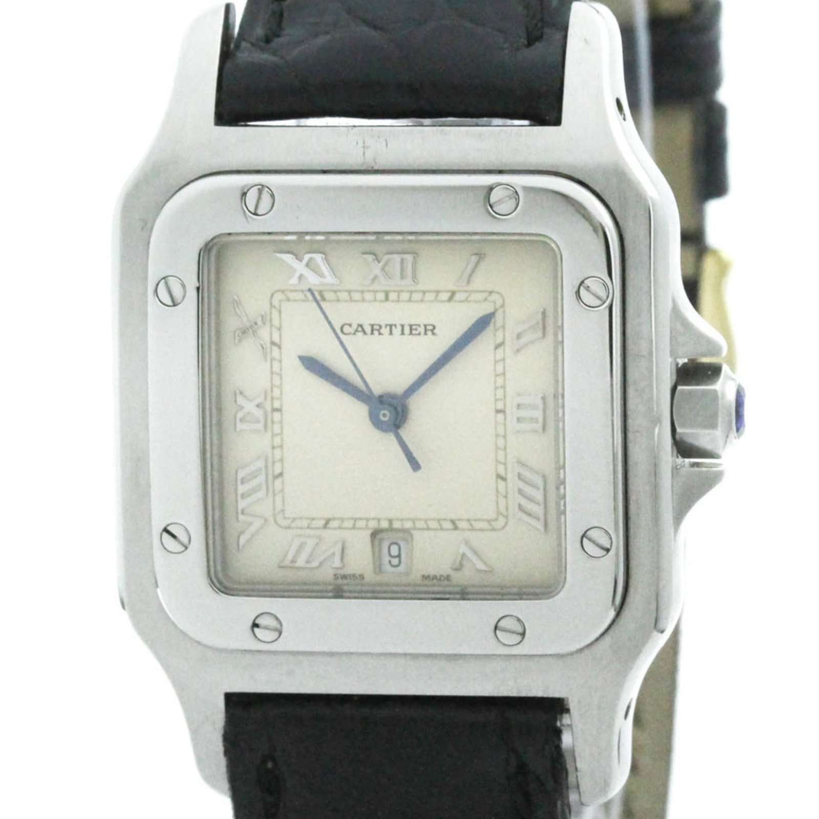 Wristwatch By Cartier: Wristwatch By Cartier Stainless steel case and silver dial make for a sleek, formal look. This Cartier Santos Galbee wristwatch features a leather band and quartz movement, keeping time with