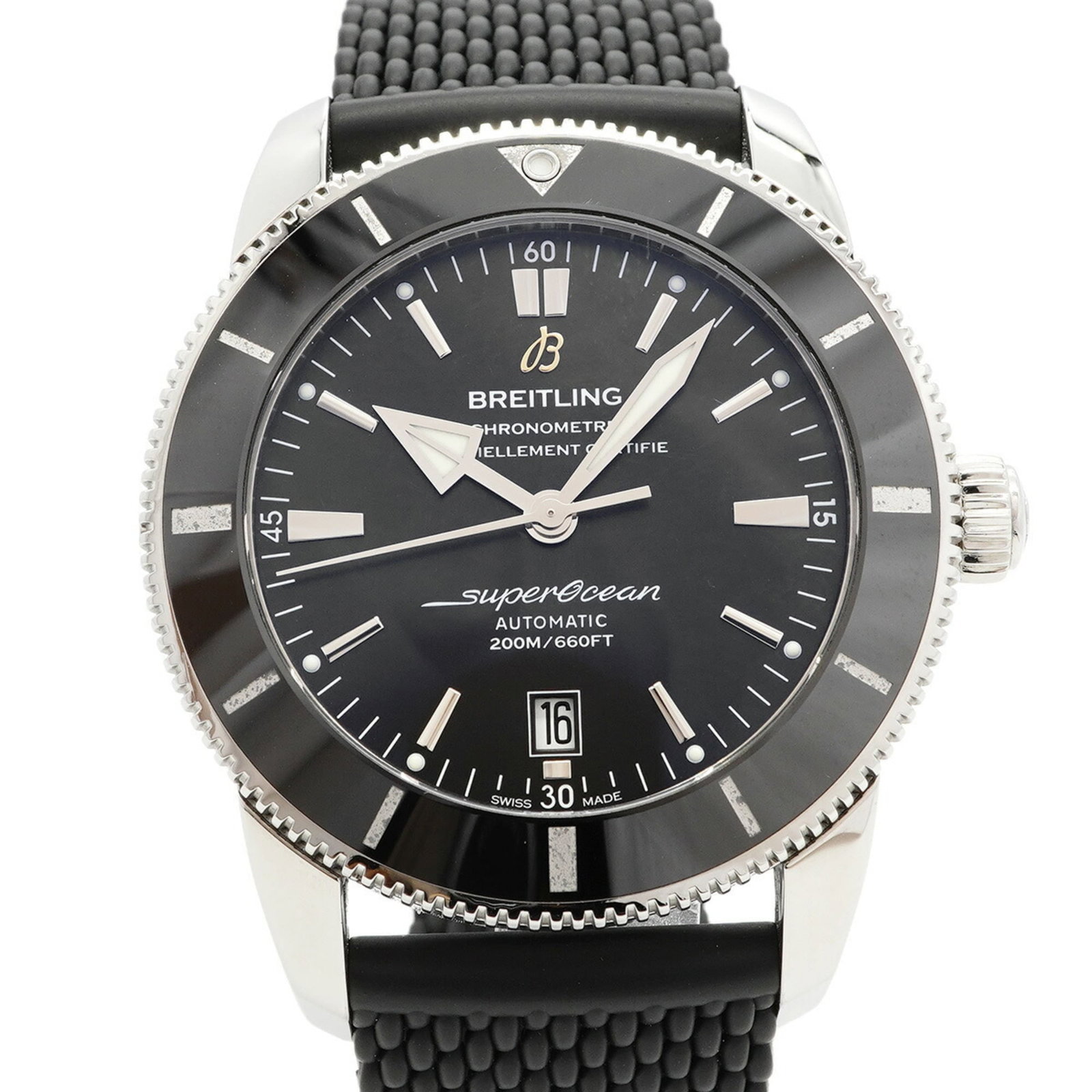 Breitling Wristwatch: Breitling Wristwatch Breitling's AB2020 wristwatch boasts a sleek black dial and a durable rubber band, making it a stylish accessory for everyday wear. Powered by a self-winding automatic movement,