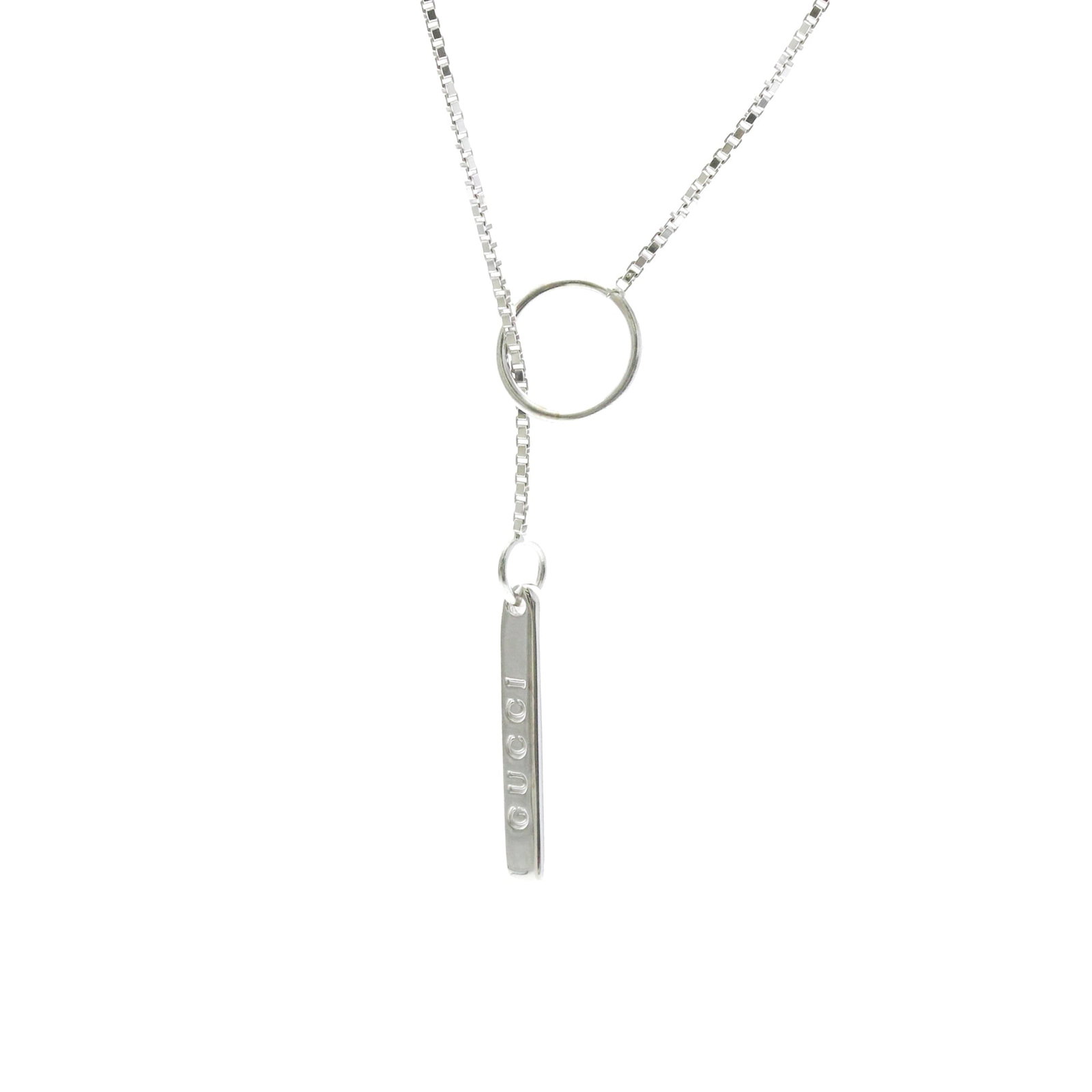 Gucci Lariat Necklace White Gold (18K) No Stone Menwomen Fashion Pendant Necklace (Silver): Gucci Lariat Necklace White Gold (18K) No Stone Menwomen Fashion Pendant Necklace (Silver) The Gucci Lariat Necklace in white gold (18K) features a sleek, silver-toned pendant with no stone. This